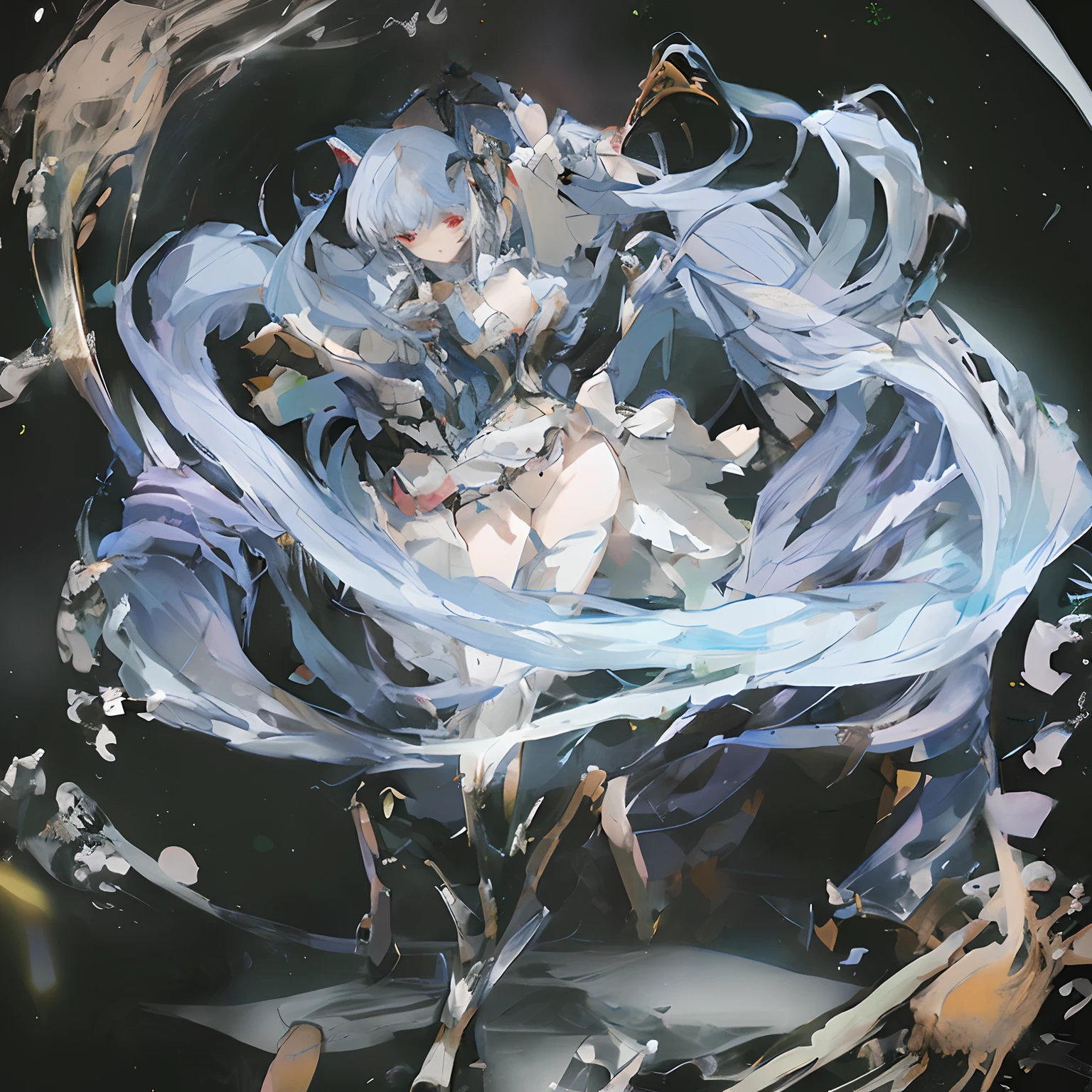 Fume　with round face　Red cheeks　Lack of strength in the eyes　slim figure　The skeleton is delicate　Twisting of the dancer's hips　Softness of joints　Hair is light blue　Pink background　Shaking hips　Shaking hair　The waist is very thin
