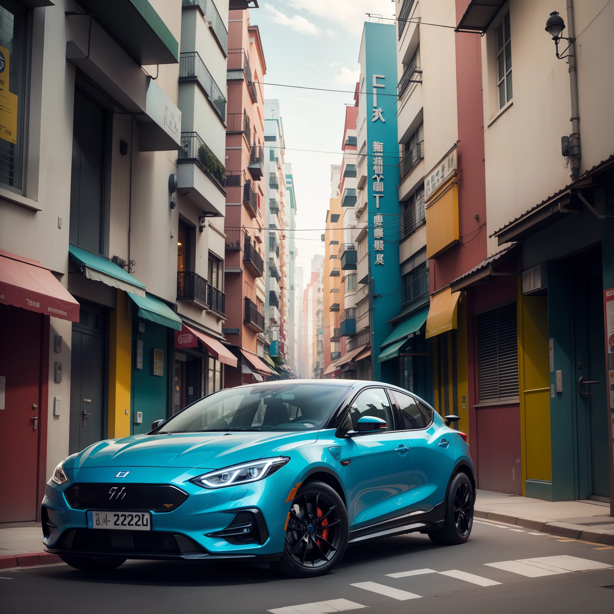 Electric cars driving through the streets、Its vibrant colors and smooth lines are、It creates a striking contrast against the background of the city。