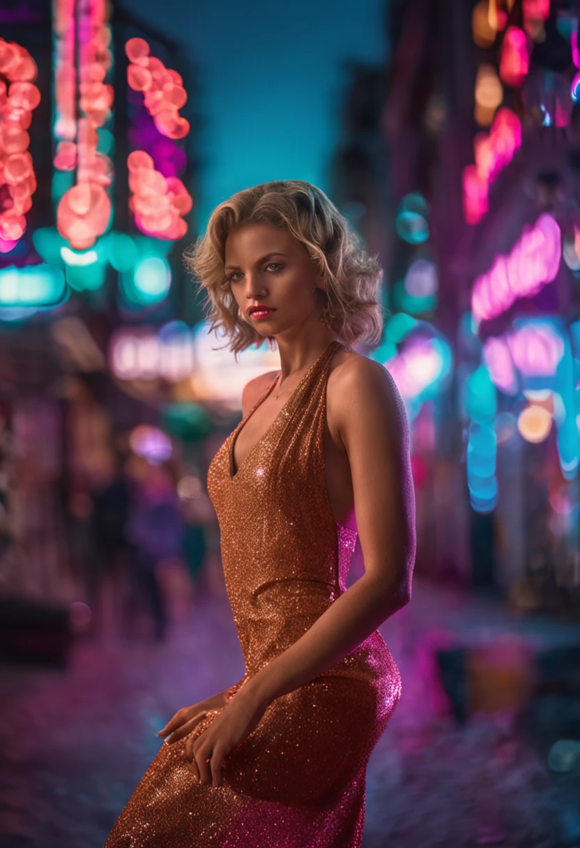dunkelblonde haare, attraktives model in der disco in tollem kleid