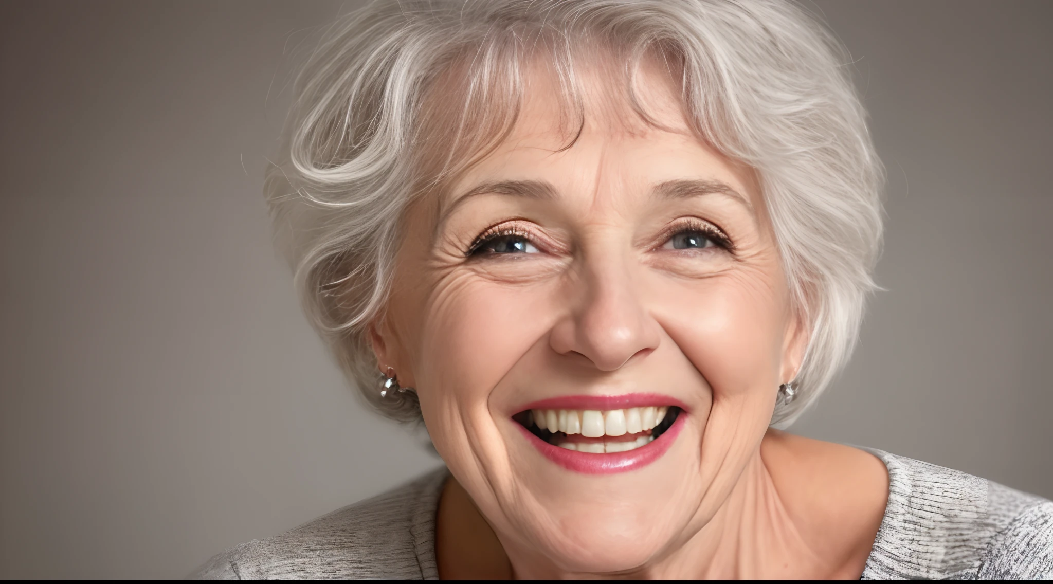 Beautiful gorgeous 50s mid age beautiful elderly senior model woman with grey hair laughing and smiling. Mature old lady close up portrait. Healthy face skin care beauty, skincare cosmetics, dental.