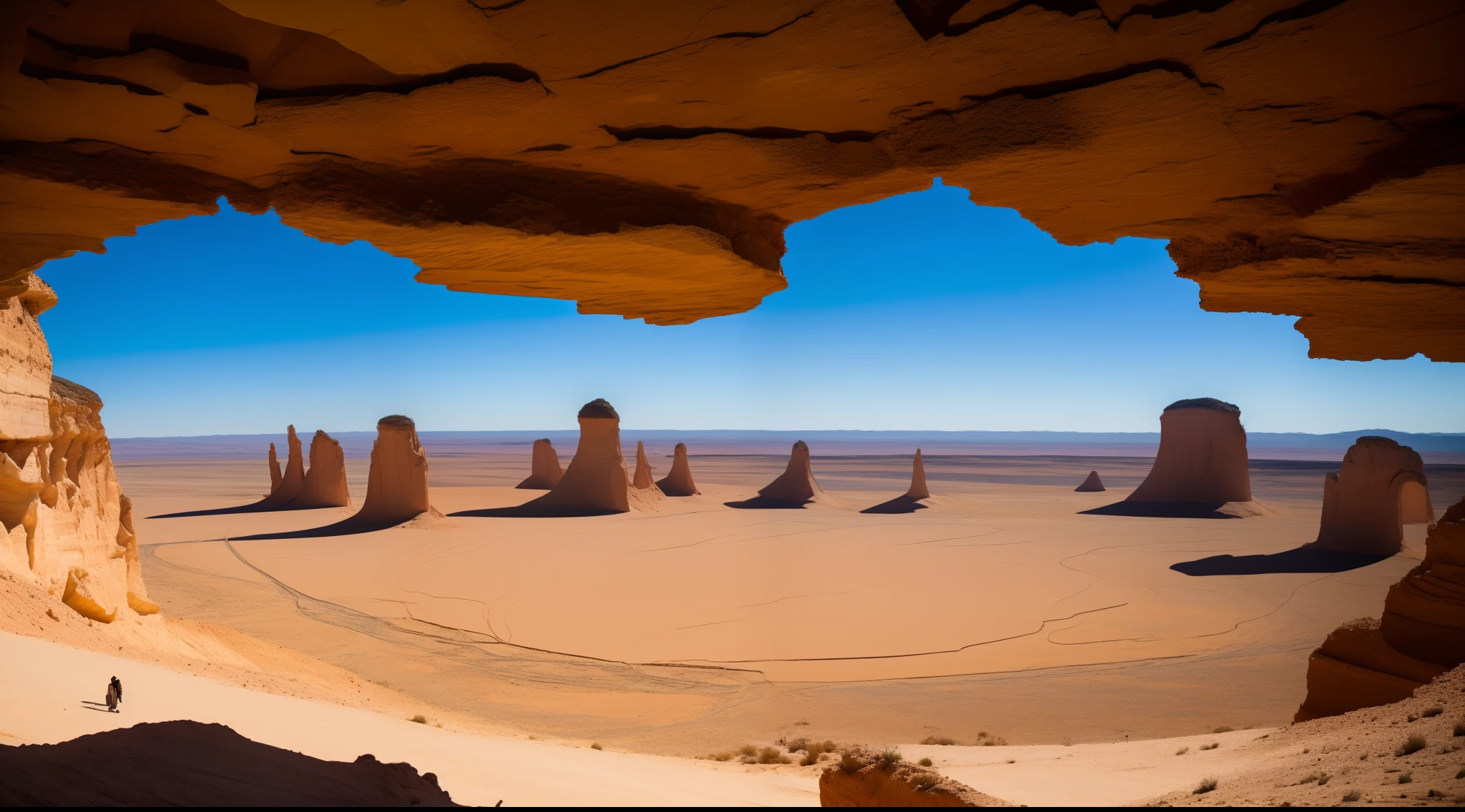 Uma Paisagem de desertos com montanhas, uma caverna, Jesus Cristo saindo da caverna, Ultra Realista