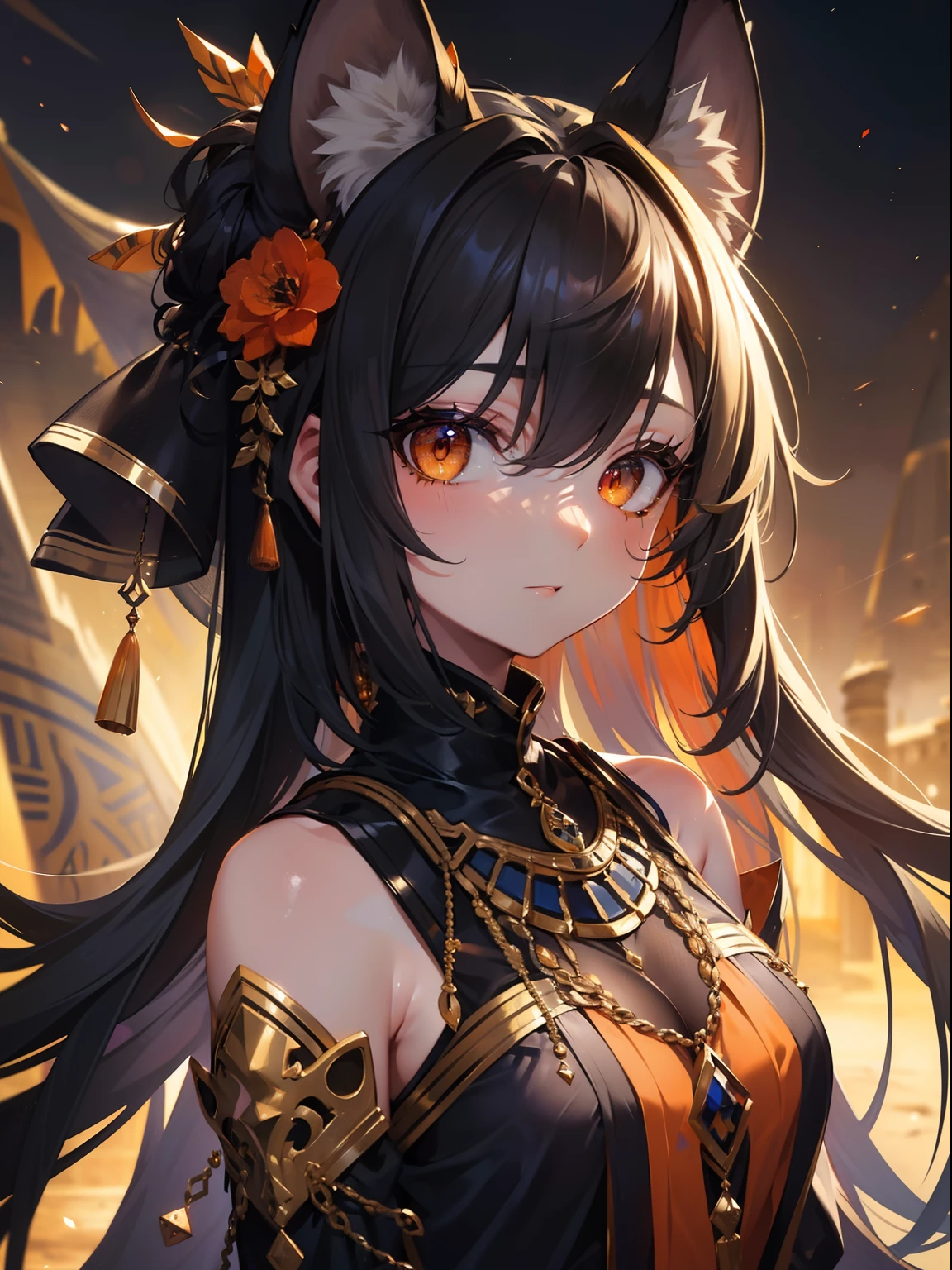 (Masterpiece, Best quality, ultra high resolution, splendid),1girl,hyena ears,hyena tail,egyptian outfit, beautiful and detailed face, detailed eyes,(gray and orange theme)