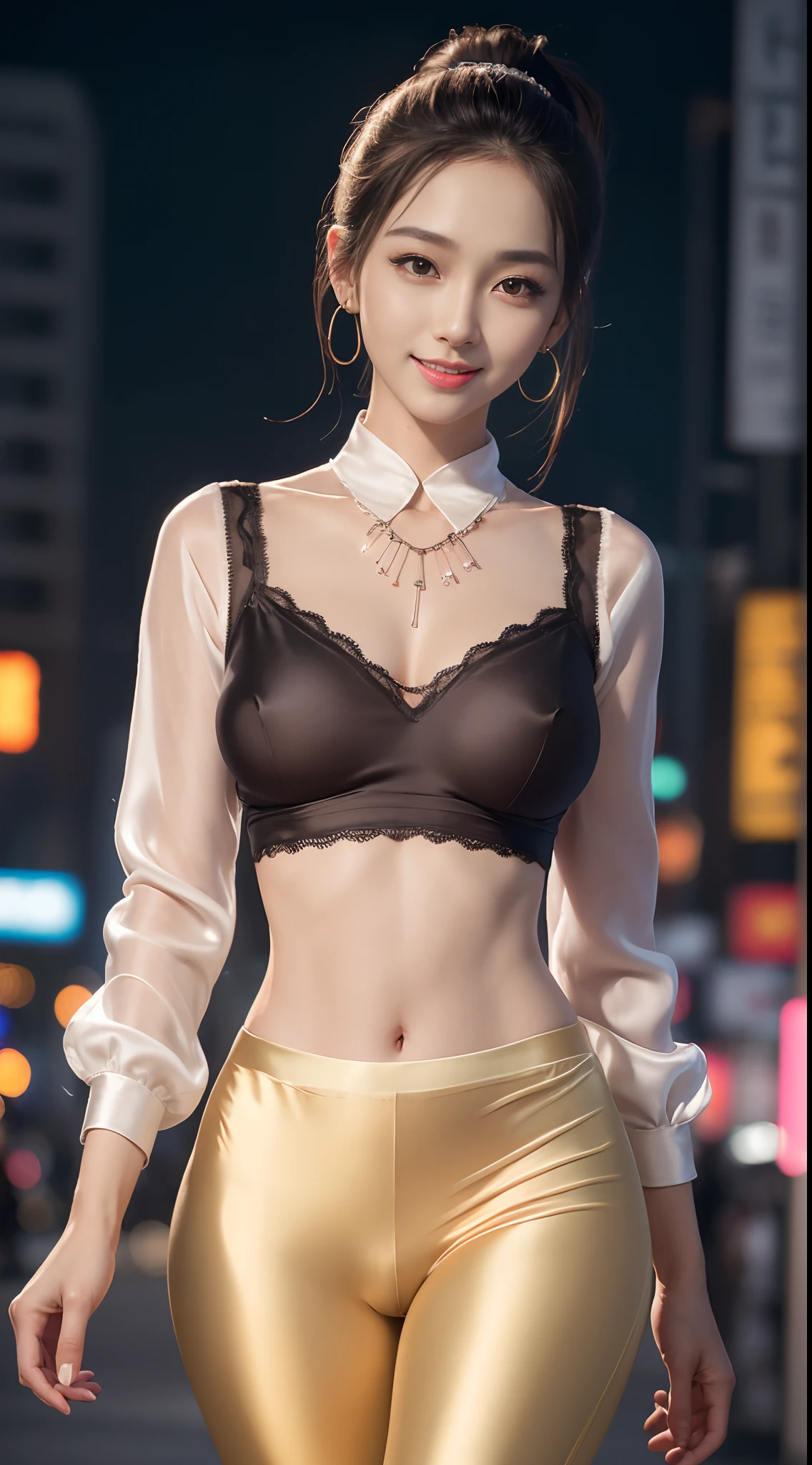 8k, masterpiece, RAW photo, best quality, photorealistic, extremely detailed CG unity 8k wallpaper, Depth of field, Cinematic Light, Lens Flare, Ray tracing, (extremely beautiful face, beautiful lips, beautiful eyes), intricate detail face, ((ultra detailed skin)) 1girl, in the dark, deep shadow, pretty korean girl, kpop idol,(very slim slender fit-muscled body), ((looking at viewer)),(big smile), (fashion city night, (neon sign), (blurry background), midnight, (vacant city), (without people in the background), pretty korean girl, white diamond earrings, dia bracelets, dia necklace, clear eyes, walking , front shot, (pale skin), face forward, (big eyes), ((upper body shot)), ((color laced pants ), (camel toe,  shape),(ponytail) (looking at viewer), medium breasts,((smile)), ((camel toe)), (see through), ((laced top)), ( very slim, medium butts, ((color silk pants)), (silk shirts)