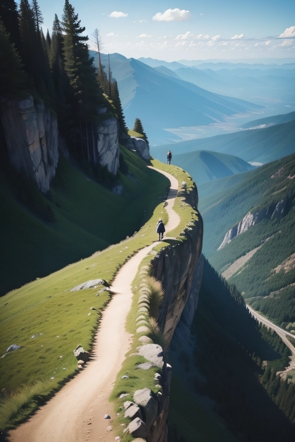 A winding trail on a mountain with one person reaching the top