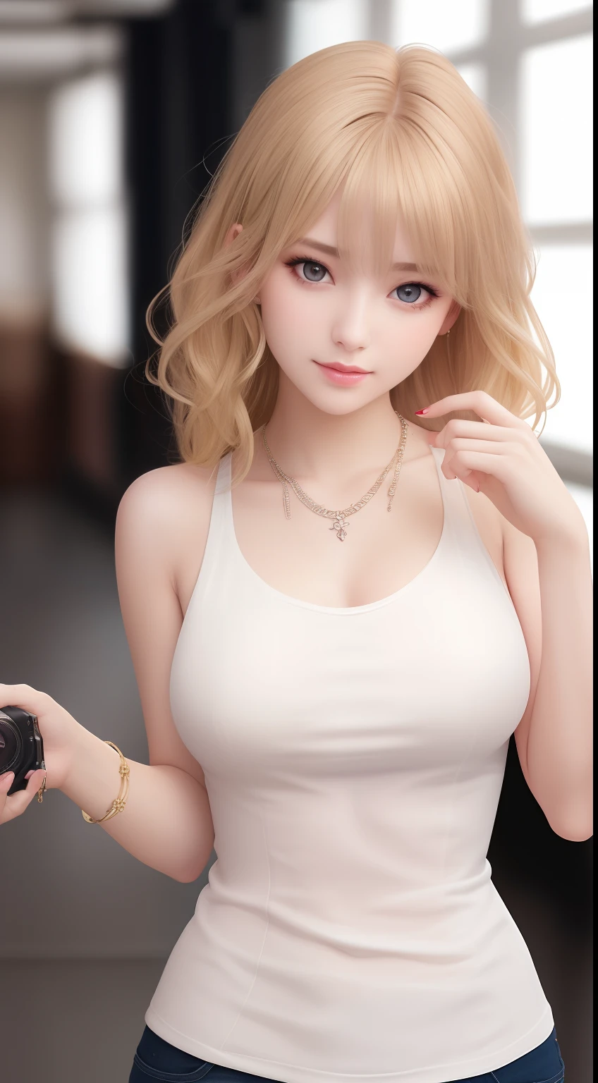 best quality, masterpiece, high_res, 1girl, hair ornament, necklace, jewelry, Beautiful face, upon body, tyndall effect, photo realistic, dark studio, rim lighting, two tone lighting, (high detailed skin:1.2), 8k uhd, dslr, soft lighting, high quality, volumetric lighting, candid, Photograph, high resolution, 4k, 8k, Bokeh, medium breasts, open fingers, (hair color:blonde:1)