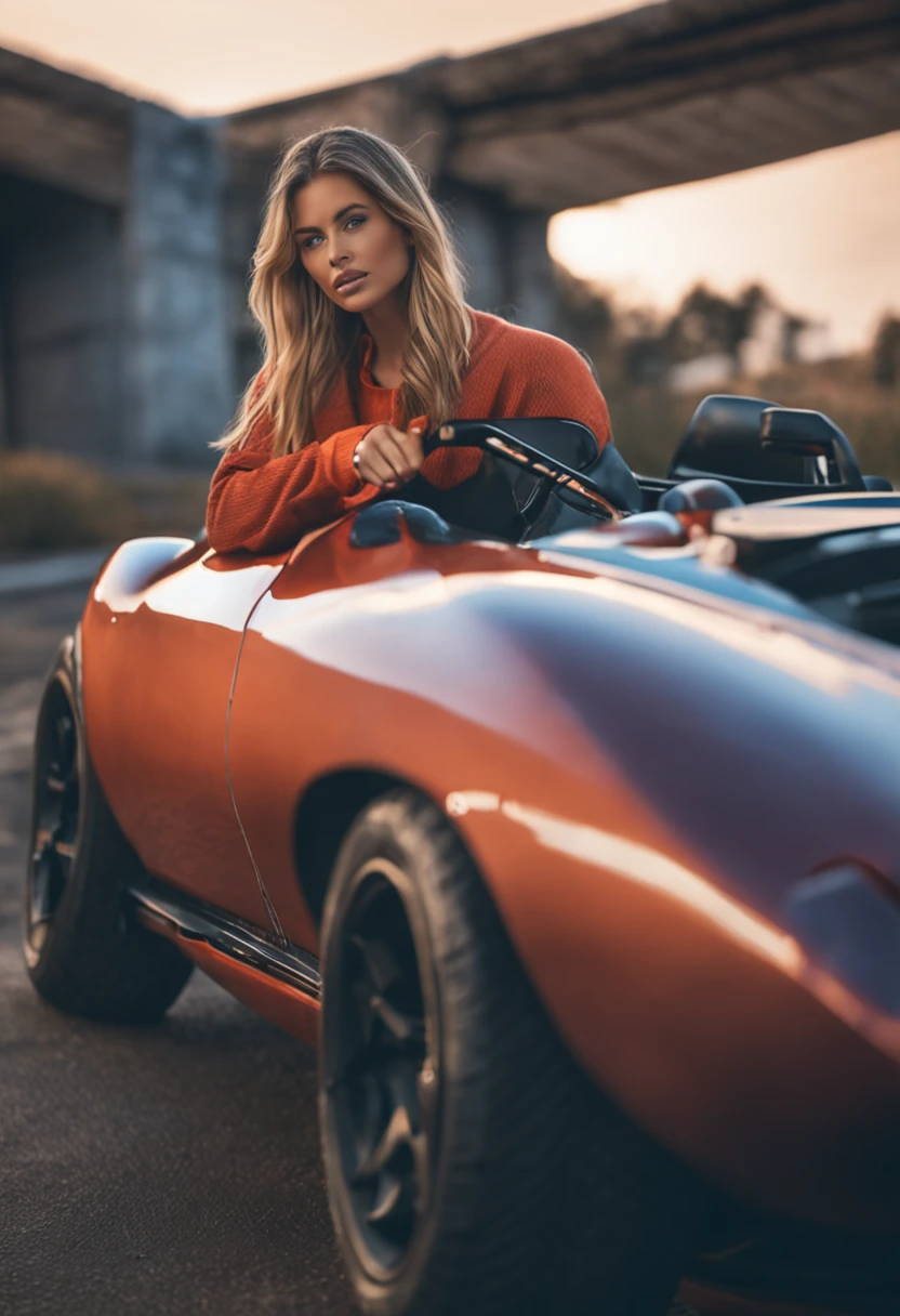 dunkelblonde haare, Attractive model in a sports car in a beautiful sporty outfit