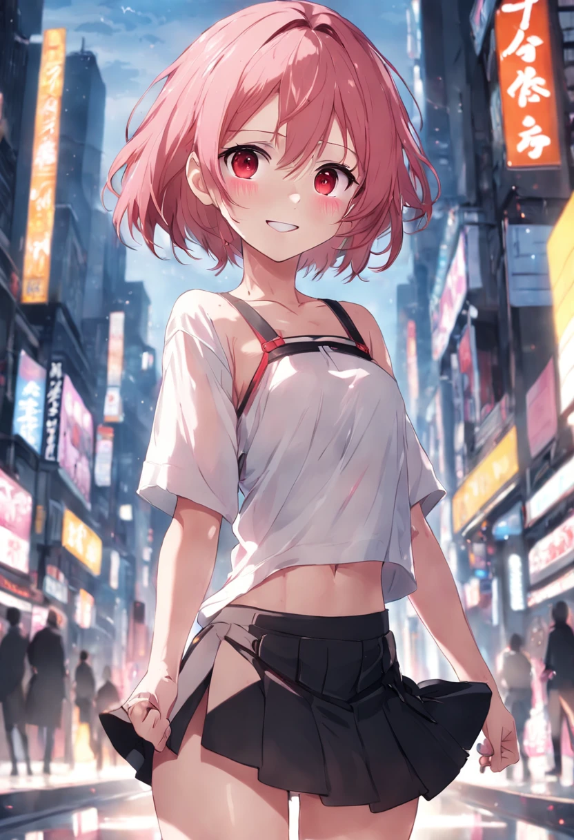 anime girl smiling, pink hair, red eyes, small breasts, cute face, girlfriend look, white top, black short skirt, around 20 years old, human