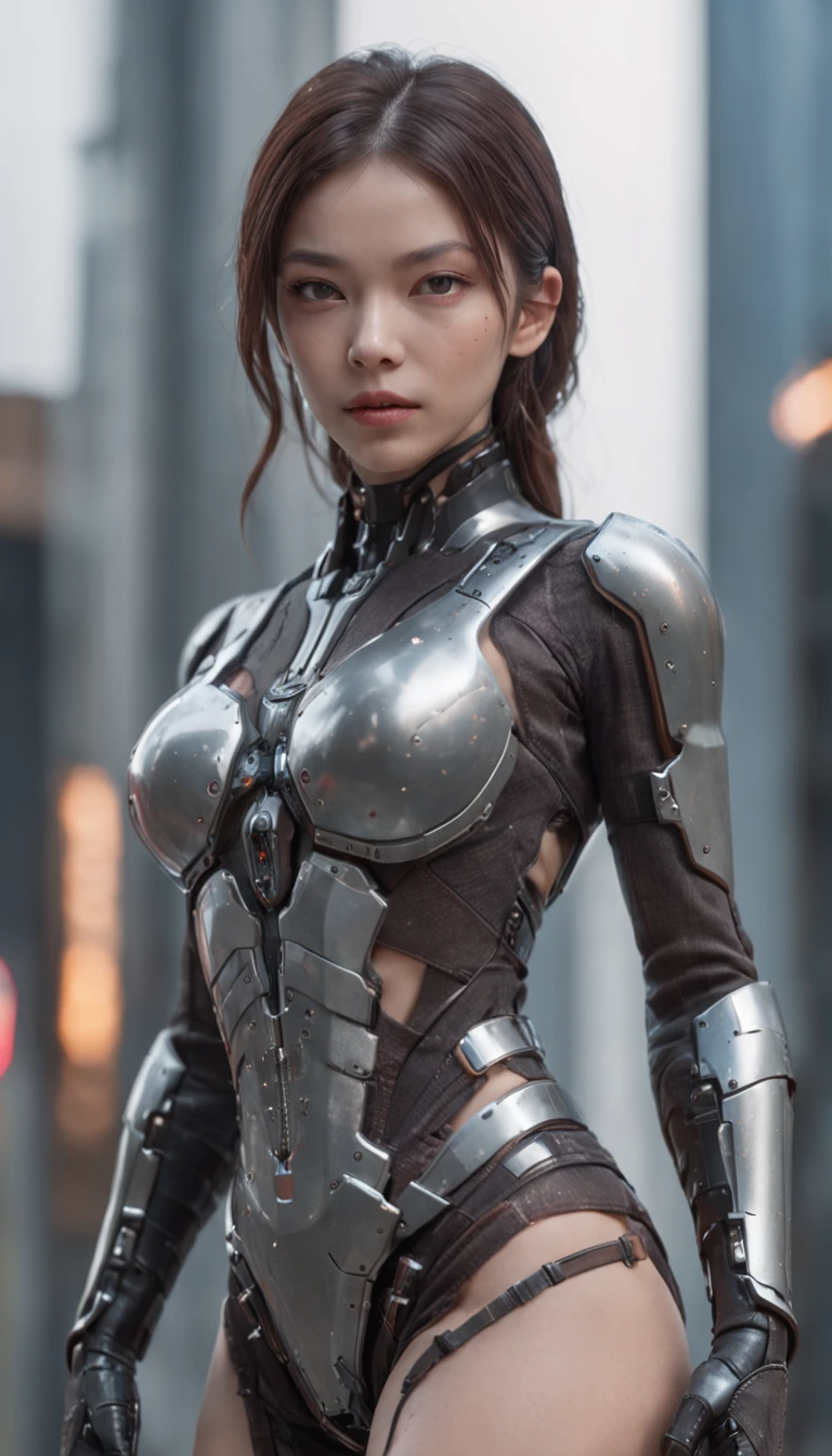 Film-graded film, dramatic scene, Photography, primitive, Masterpiece, ultra-wide-angle, Walk on a cyberpunk cityscape, ultra fine photos, (cyborg arm:1.3), Medium full shot of a female ninja wearing mech armor in chest, pelvis, and arms part, Best quality, 超高分辨率, Photorealistic, volumetric light, stunningly beautiful, Half body, Delicate face, Vibrant eyes, Original photo, 1 girl, Solo, 1 girl, (Don Ding:1.3), (Twia), future-tech, Futuristic, Hologram augmented reality, (Extremely detailed CG Unity 8K wallpaper), most beautiful artwork in the world, Professional photography, trending on artstation, trending on CGSociety, intricately detailed, High detail, Sharp focus, Dramatic, Photorealistic, Cyberpunk, Futuristic, Pale skin, Slim body, (high-detail skin:1.2), 8K UHD, Digital SLR, Soft lighting, High quality, film grain, Glossy, (Highest quality:1.3), (Sharp focus:1.5), (Photorealistic:1.3), (Highly detailed skin), (Detailed face), (high-detail skin:1.2), (glistening skin:1.2), cyborg arm, (Highly detailed skin texture:1.15), (Detailed face), (high-detail skin:1.2), (glistening skin:1.15), Glossy, (cyborg arm:1.5), B8 Star Girl, boxing gloves, Japanese, Cyberpunk Street, (natta:1.2), Heavy fog, (rain:1.2), film grain, Glossy, water Reflections, pergaminhos