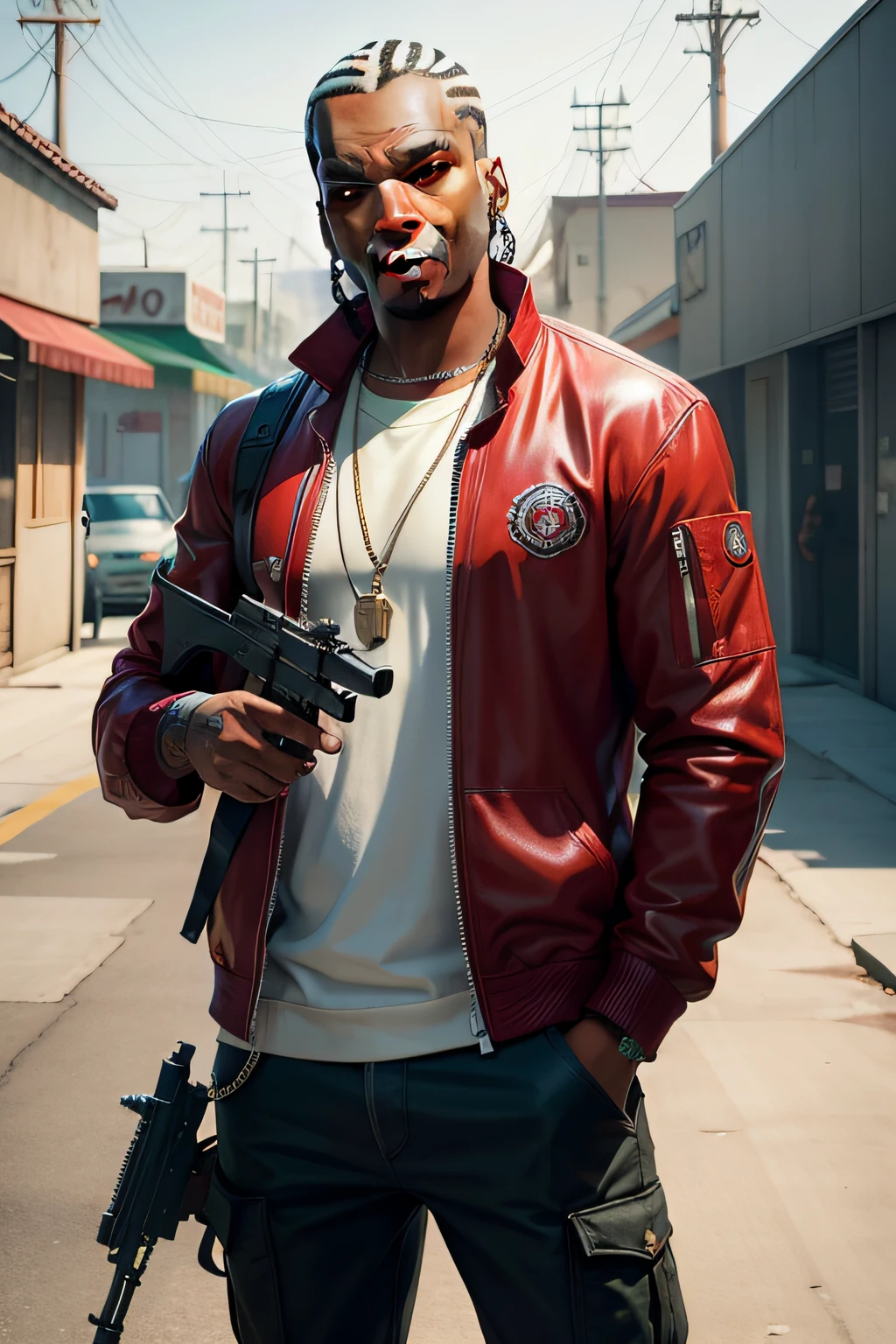 There's a man holding a gun on a wooden deck, gta personagem, Como o protagonista de GTA 5, GTA V Estilo, como um personagem de gtav, Kanye West em GTA v, drake em gta v, Estilo GTA5, gta v personagem, empunhando fuzil de assalto, Snoop Dogg em GTA V, gta 5 tom de pele, Jesse Pinkman em GTA v, jaqueta vermelha,AK-47 rifle