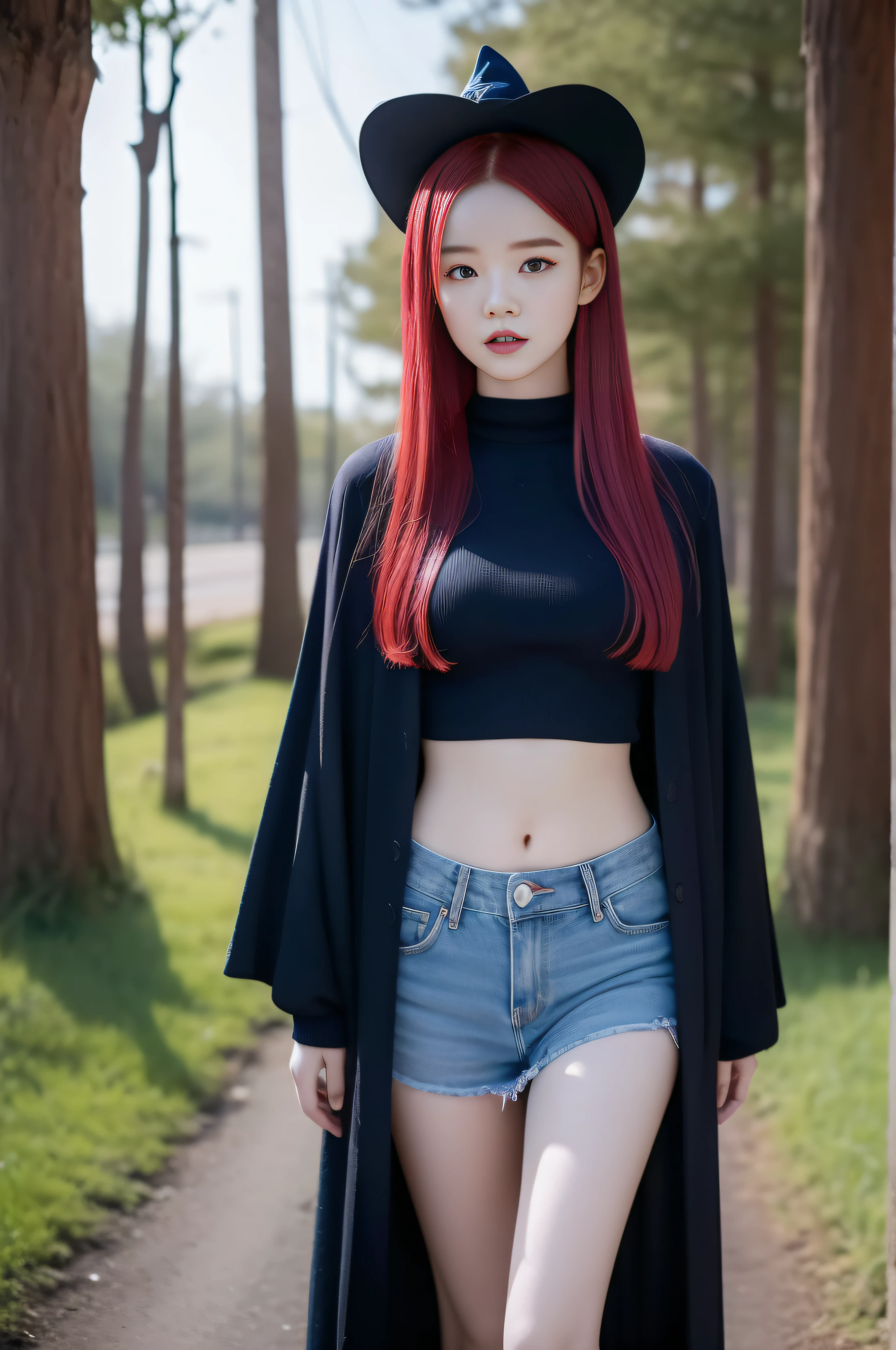 "Full body view of 18 years old Kim Chaewon as a young witch girl with blue red hair. She is standing confidently, with a slight exposure of her midriff and a petite figure. The photo is captured in UHD 4K, exhibiting exquisite details."