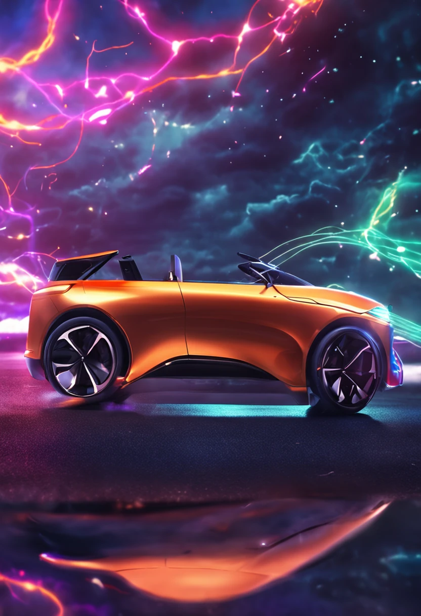 Electric car gliding through the starry sky、Its sleek curves and vibrant colors create a pleasant atmosphere