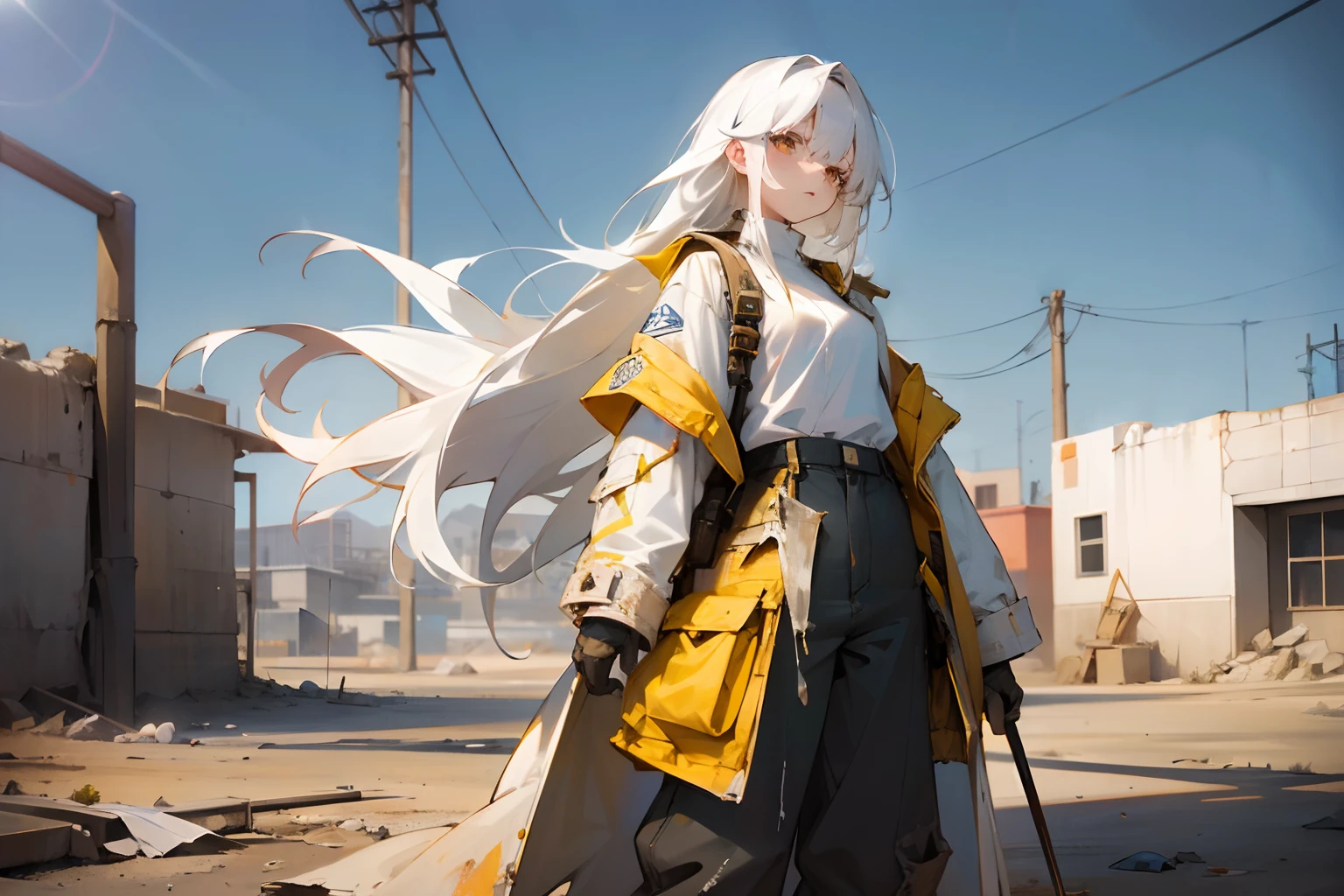 1 girl, long white hair, wearing white shirt, long yellow coat, baggy pants, dirty tattered clothes, desert wasteland, ruined city, absurdres, high res, ultrasharp, 8K, masterpiece, detailed face,