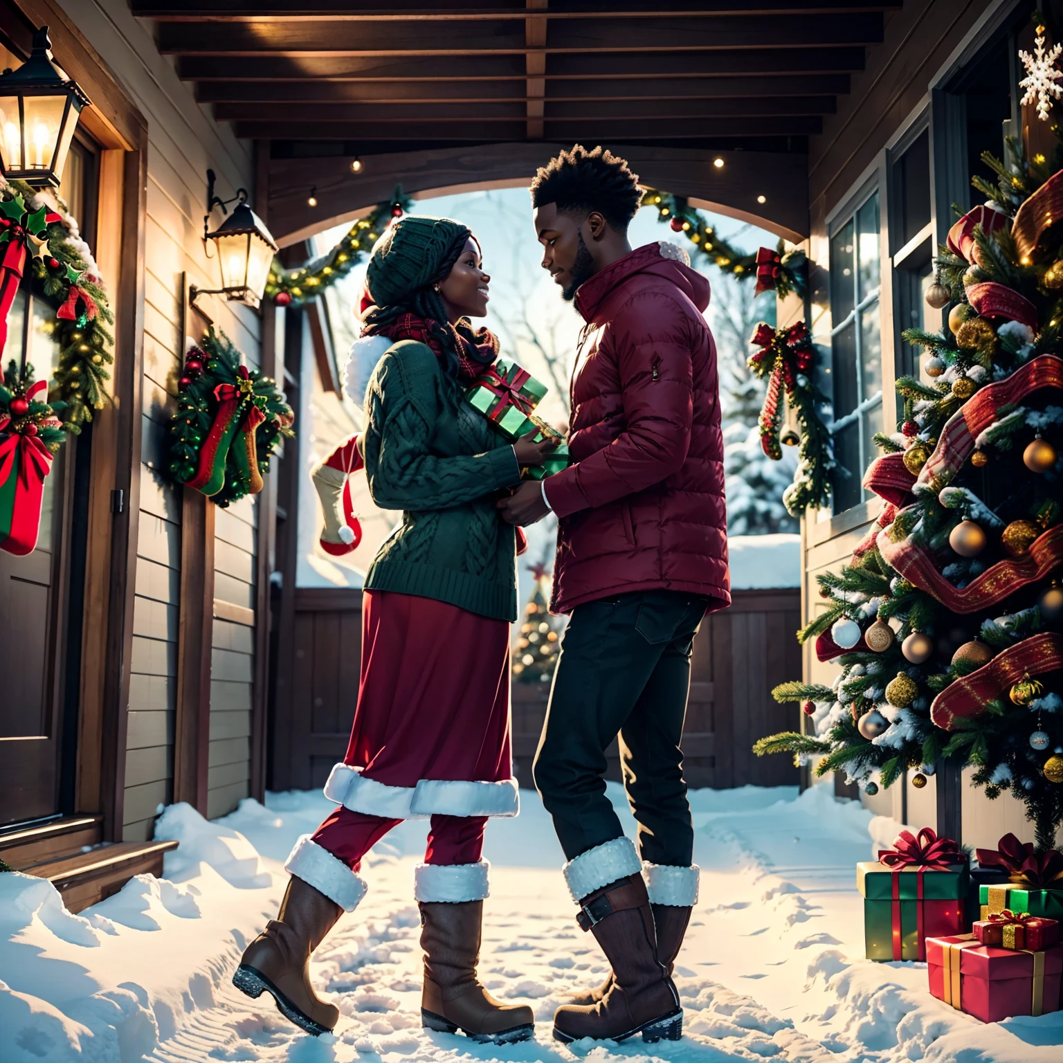 beautiful scene of an (((African American married couple))) beautiful facial features exchanging (((Christmas gifts))), (((full body head to toe))) wearing beautiful knitted sweaters, (((beautiful winter boots,))) woolen mittens, nice jackets red and green colors, acrylic paints, Jessica Durrant, Sandra Eterovic, HD, warm and cozy, intricate details, high contrast, beautiful lighting, snow-covered rooftops, serene atmosphere.