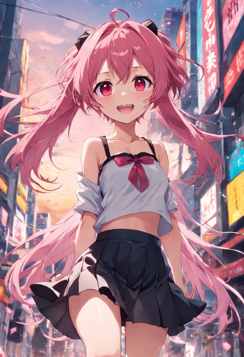 anime girl smiling, pink hair, messy hair, red eyes, cute face, girlfriend look, white top, black short skirt, around 20 years old, human
