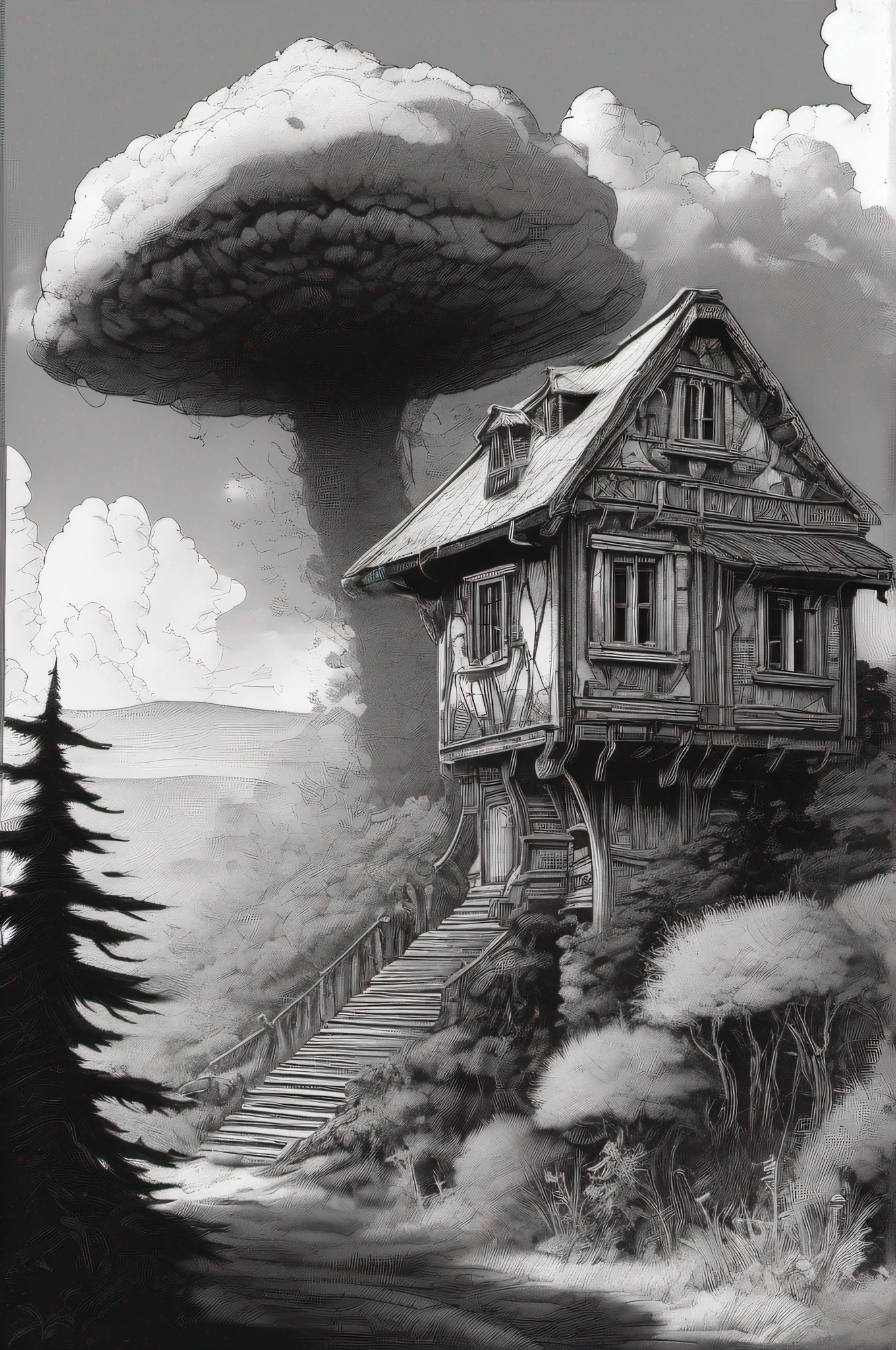 Paysage fantastique, Nausicaa, rivers and waterfalls, (Uneven terrain:1.6), (Colorful fungal houses recovered: 1.5), (buissons moelleux: 1.1), vent, Cumulonimbus Cloud, cirrus, thick silhouette, silhouette pointue, extreme details, 8k, UHD, grain du film, black and white drawing in ink