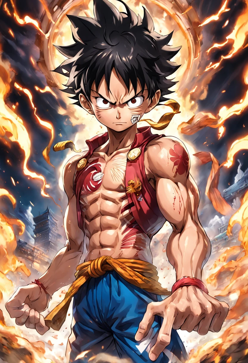Design a gripping poster featuring Luffy from "One Piece" in a fit of rage. Capture the essence of his burning determination and unyielding spirit as he unleashes his wrath upon his enemies. Keep it short, bold, and intense to convey the raw power of Luffy's anger., Hypnotic, Androgynous, Gadgetpunk, face shot, Cinema4D rendering, Depth of field, Tapestry, black colors, Classical Realism, glow in the dark lighting, Hyper realistic, dramatic shadows, film noir style, 4k