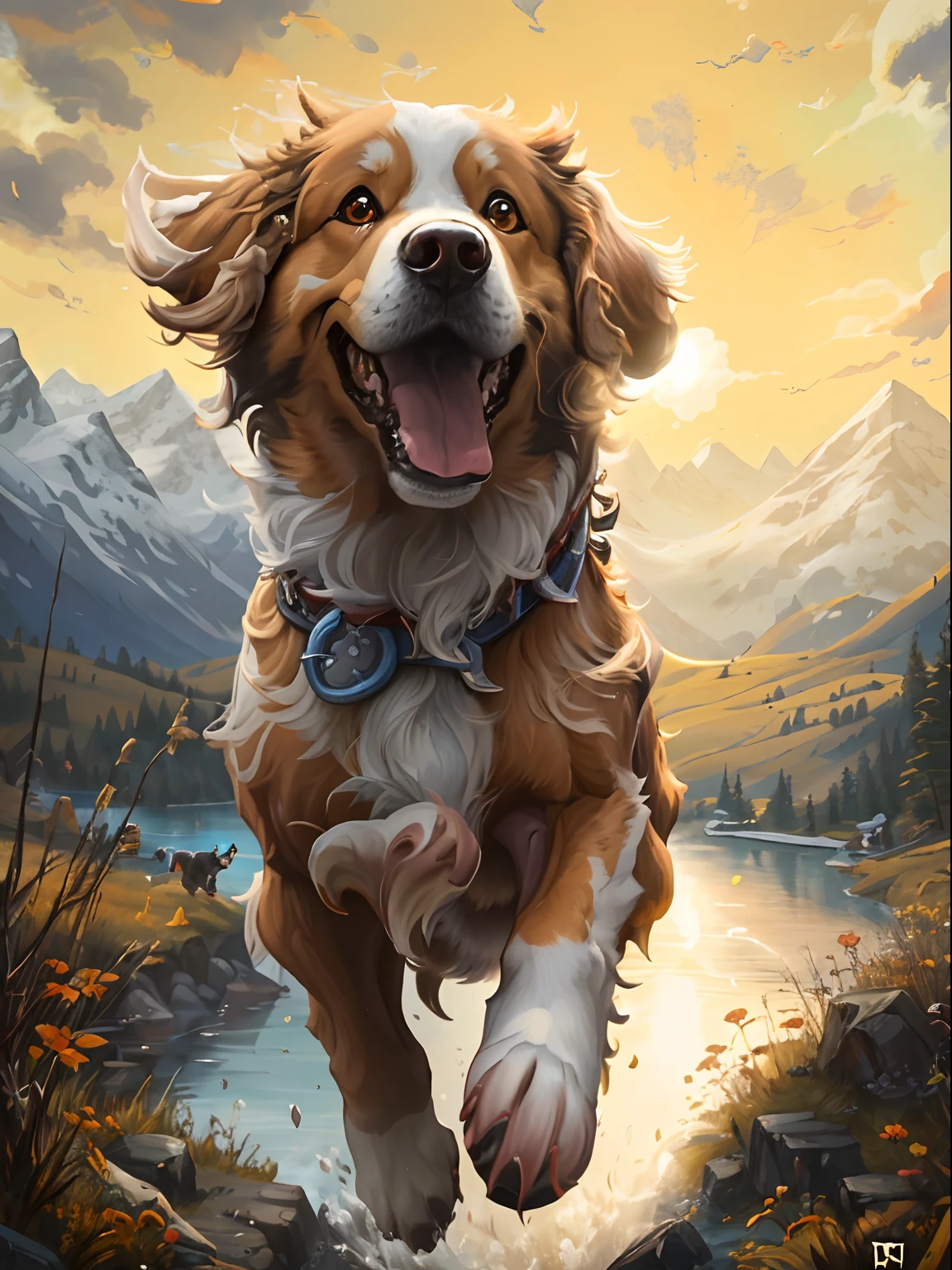 painting of a dog running in the mountains with a lake in the background, adorable digital painting, digital painting highly detailed, ( dog ) jumps from mountain, hearthstone card art, highly detailed digital painting, collectible card art, full art, painting of cute dog, detailed painting 4 k, rob rey, detailed digital painting, hearthstone card game artwork. ”, hearthstone card artwork