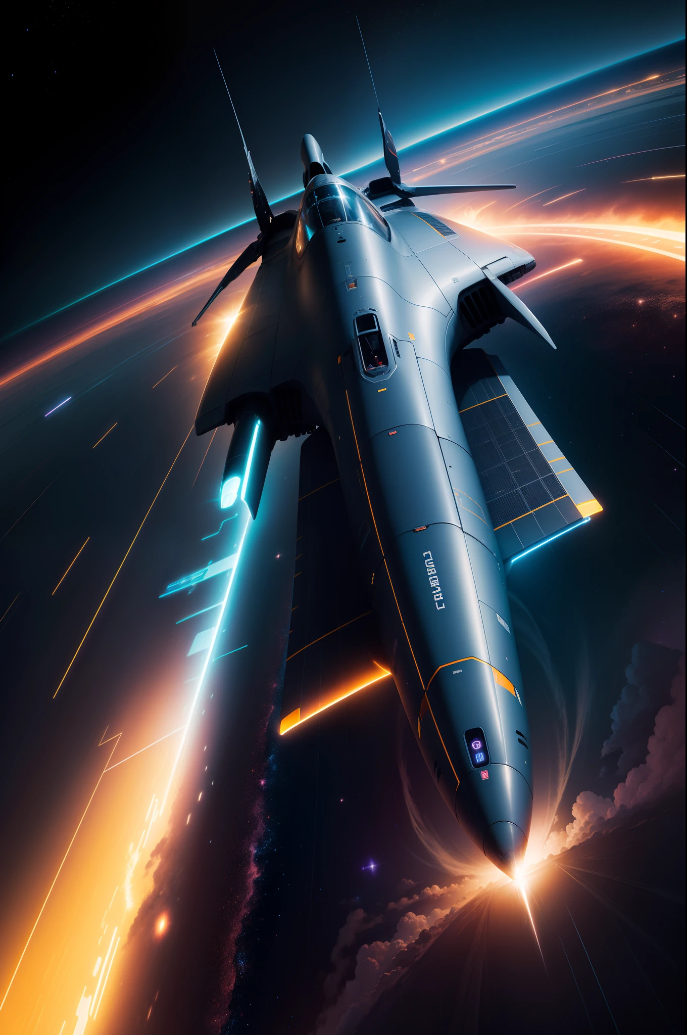 A majestic electric car soaring through the vastness of space、Its bright color contrasts perfectly with the darkness