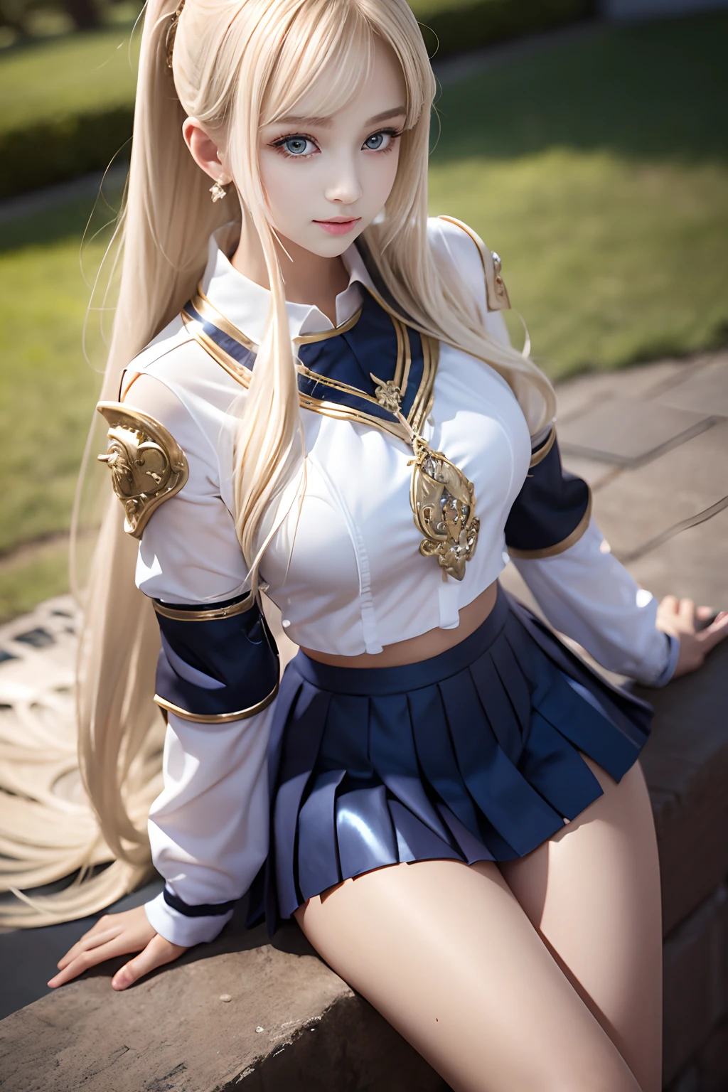 bright expression、poneyTail、Young shiny shiny white shiny skin、Best Looks、Blonde reflected light、Platinum blonde hair with dazzling highlights、shiny light hair,、Super long silky straight hair、Beautiful bangs that shine、Glowing crystal clear attractive big blue eyes、Very beautiful nice cute 16 year old girl、Lush bust,Beautiful detailed eyes, beautiful detailed nose,(( Full body:1.25)),Makeup that the eyes emphasize、((Pleated skirt with many folds)),(Women like Joan of Arc)、s Armor、Knights, With a sword and shield,Royal style,Comic style, , Sub-surface scattering, ornate detail, nature backdrop, Hyper-realistic, Cinematic, Dramatic Lighting, masutepiece