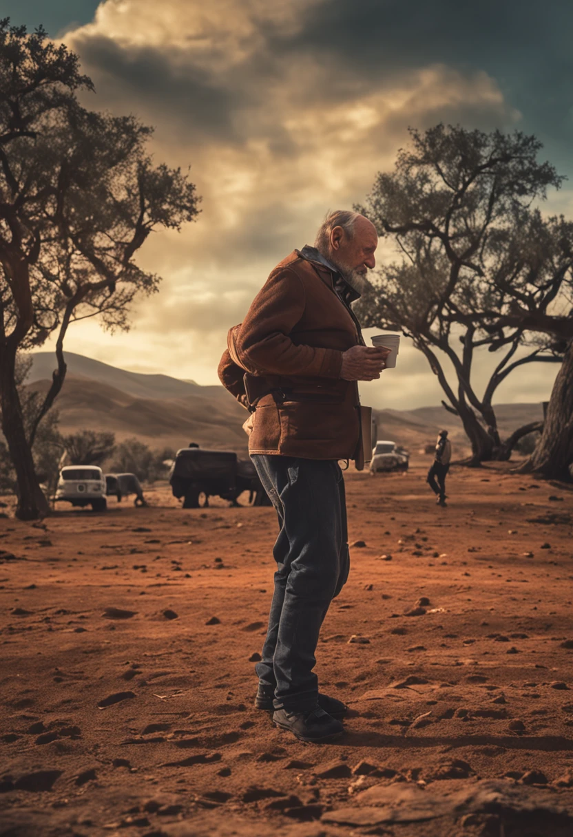 um homem primitivo, evolving from crawling to standing, drinking coffee