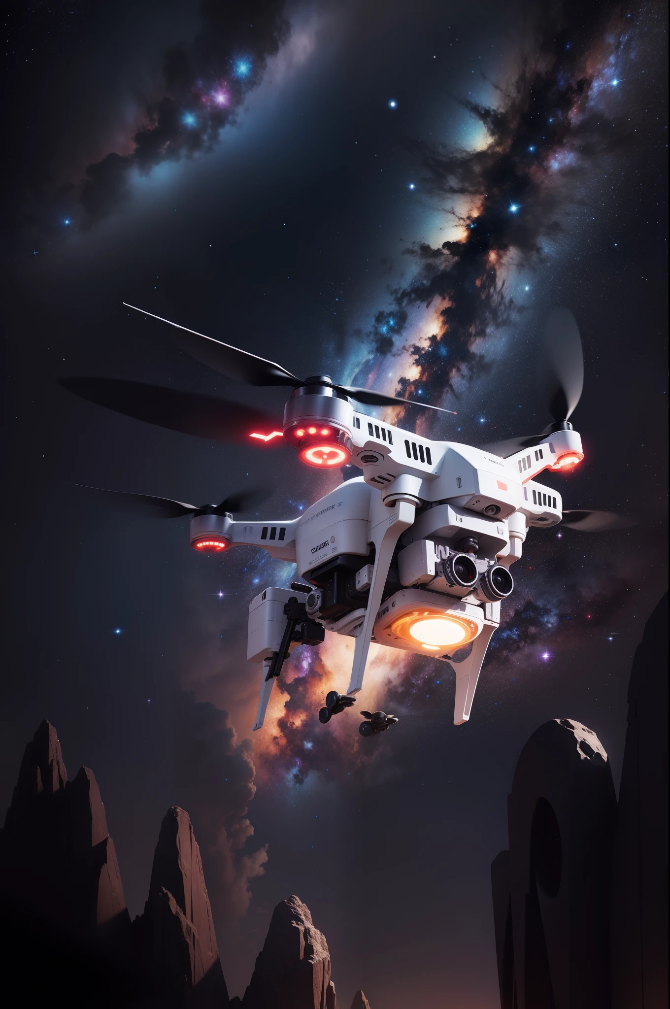 A majestic drone soars through the contrast of a galaxy full of stars