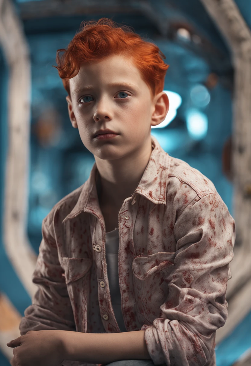 (Extremely detailed portrait of a pale boy with intense red hair and with iridis heterochromia+eyes red and blue)