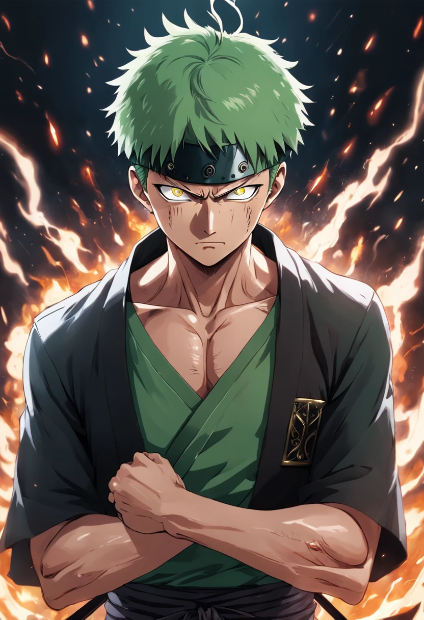A detailed illustration of Roronoa Zoro with a dark aura, expression serious.
