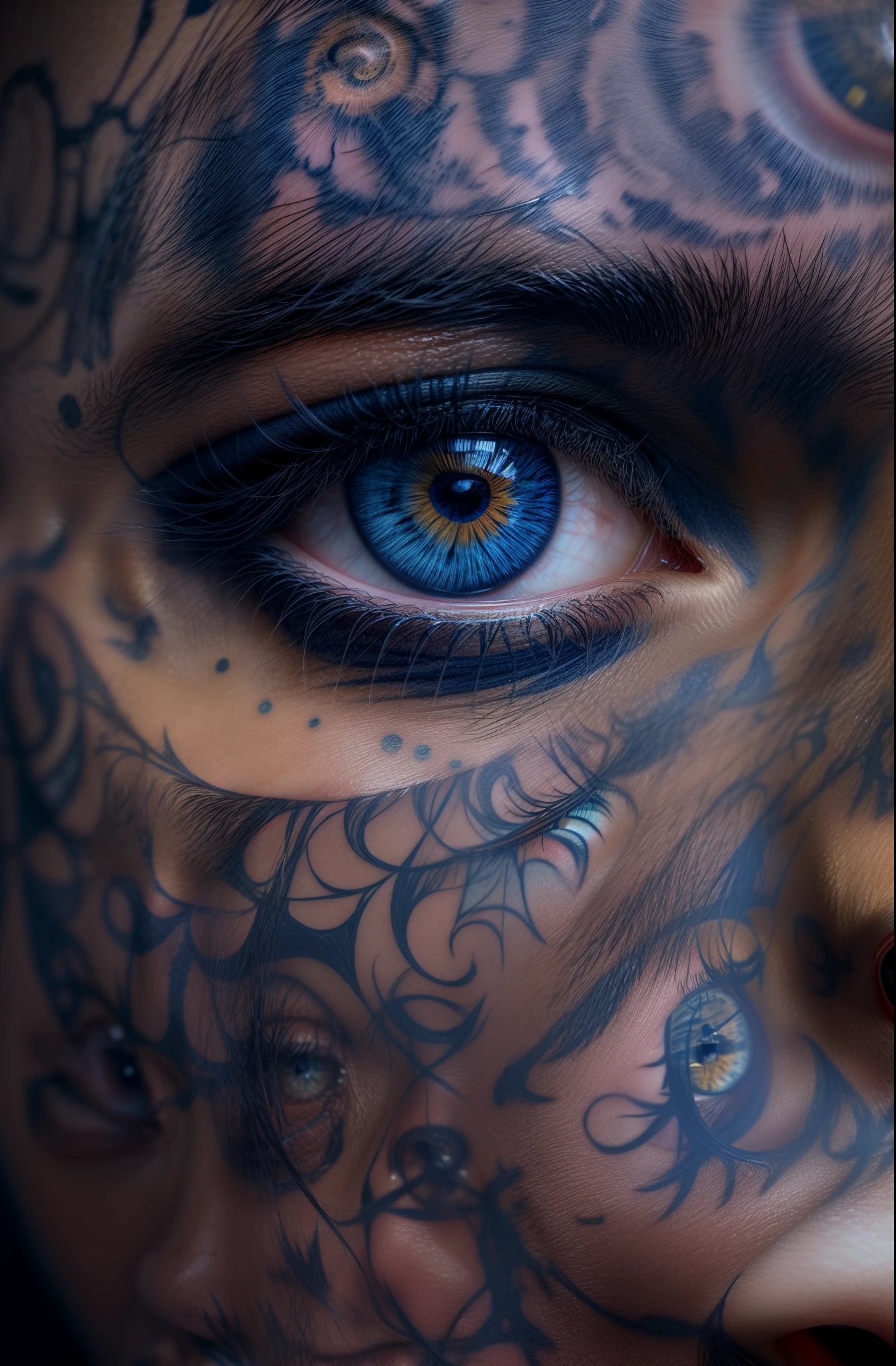 someone has a skull  tattoo on their face, intricate eye detail focus, ultra detailed portrait, ultra detailed face and eyes, detailed face and eyes, intricate eyes, hyperdetailed eyes, highly detailed portrait, detailed eyes, hyper detailed eyes, finely detailed eyes, perfect detailed eyes, detailed beauty portrait, beautiful and detailed eyes, beautiful detailed eyes, galaxy blue eye