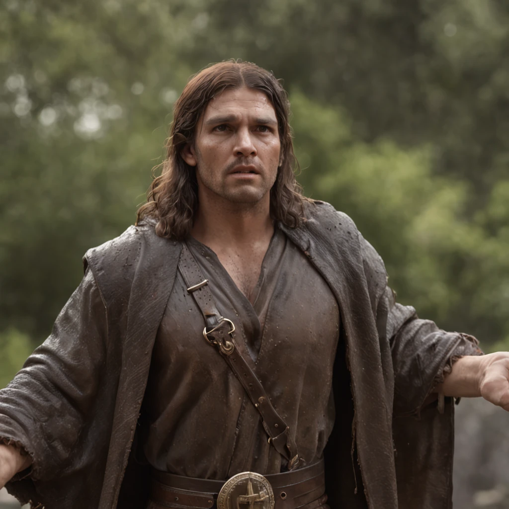 (Professional 3D rendering:1.3) de (Realistic:1.3) Foto de arte mais bonita do mundo,Features soft, bright male heroes, ((Epic hero fantasy man Jusus Christ rough hero wet look angry look long hair short beard and fierce expression in dynamic pose, fantastic location, majestoso ambiente desordenado)), corpo inteiro 8k unidade render, action shot, poros da pele, very dark lighting, sombreamento pesado, circunstanciado, Rosto detalhado, (vibrante, fotogrdeia realista, Realistic, Dramatic, Escuro, foco nítido, 8k), (Old leather clothes damaged by bad weather:1.4), ((((Use peles)))), (intrincado:1.4), decadente, (altamente detalhado:1.4), pintura digital, rendering by octane, art stations, Conceito-Arte, liso, foco nítido, illustration, germe da arte, (Loish:0.23), Wlop Ilya Kuvshinov, e Greg Rutkowski e Alphonse Mucha Gracias, (global ilumination, studiolight, Light Volumetric), chuva forte, floating particles, patife, fantasia, Onze, corpo inteiroesbian, ((Fundo escuro e antigo da cidade:1.3)),CGSesociedade,art stations