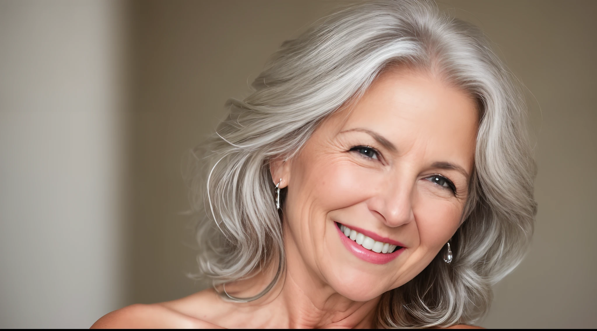 "(Close-up shot) of a (50-year-old senior model), (radiant and joyful), with (elegantly styled silver hair), (exuding beauty and laughter)."