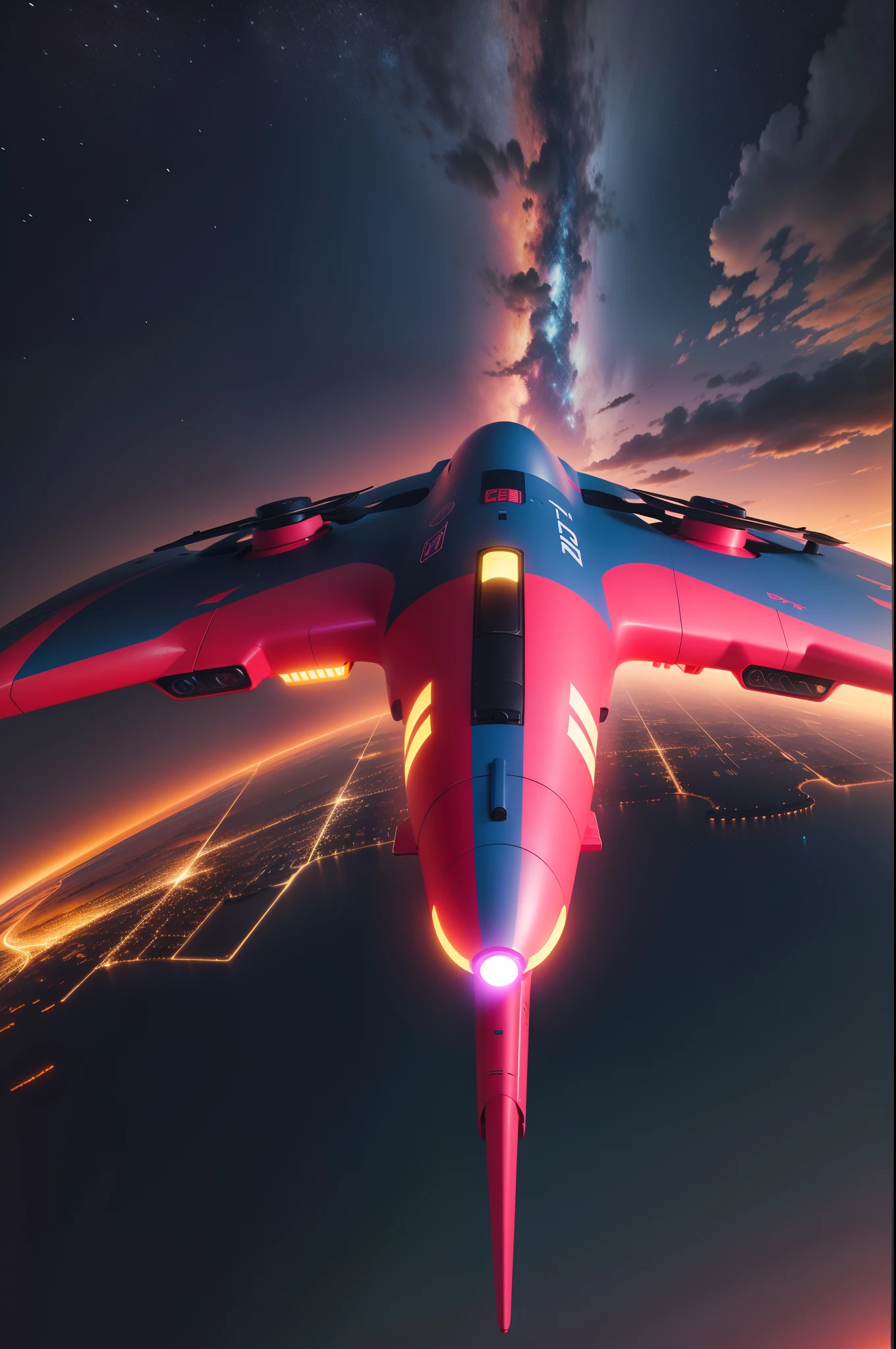 A vivid drone soaring over the contrast of vibrant colors in the night sky