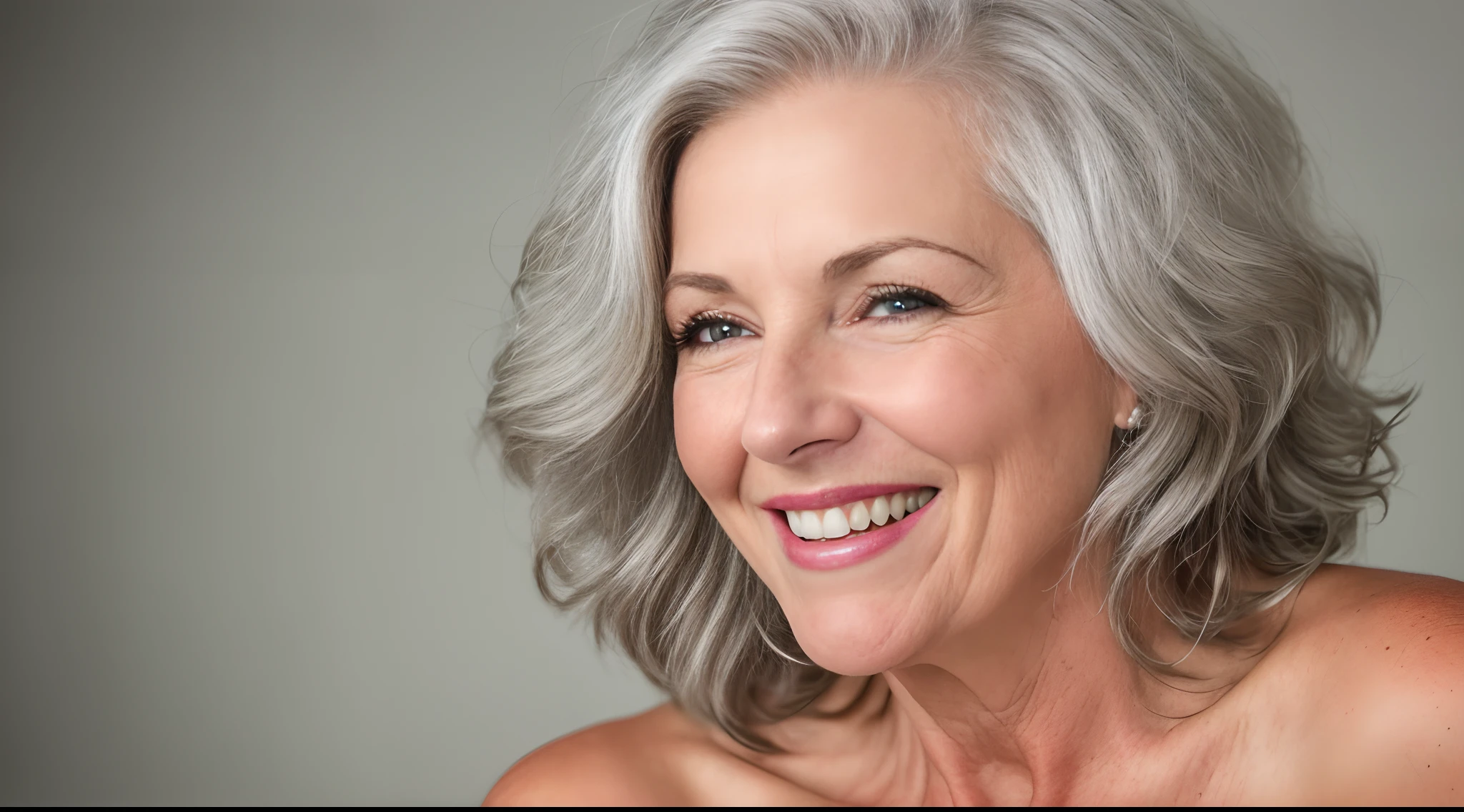 "(Close-up shot) of a (50-year-old senior model), (radiant and joyful), with (elegantly styled silver hair), (exuding beauty and laughter)."