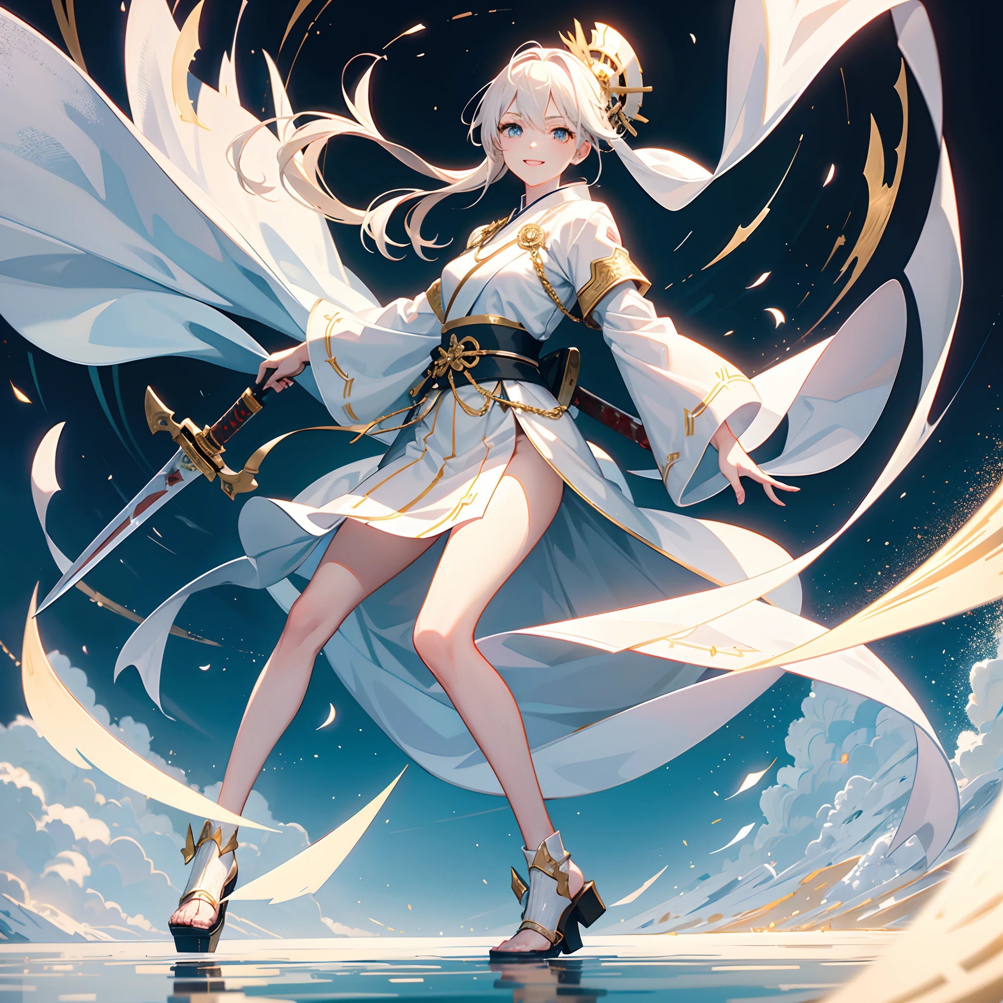 full body, Beautiful girl, sword, fighting, white sword, white samurai clothes, gold shield,  reflection , smile, realistic, 8k, high resolution, high quality, Bloody atmosphere, perfect result,