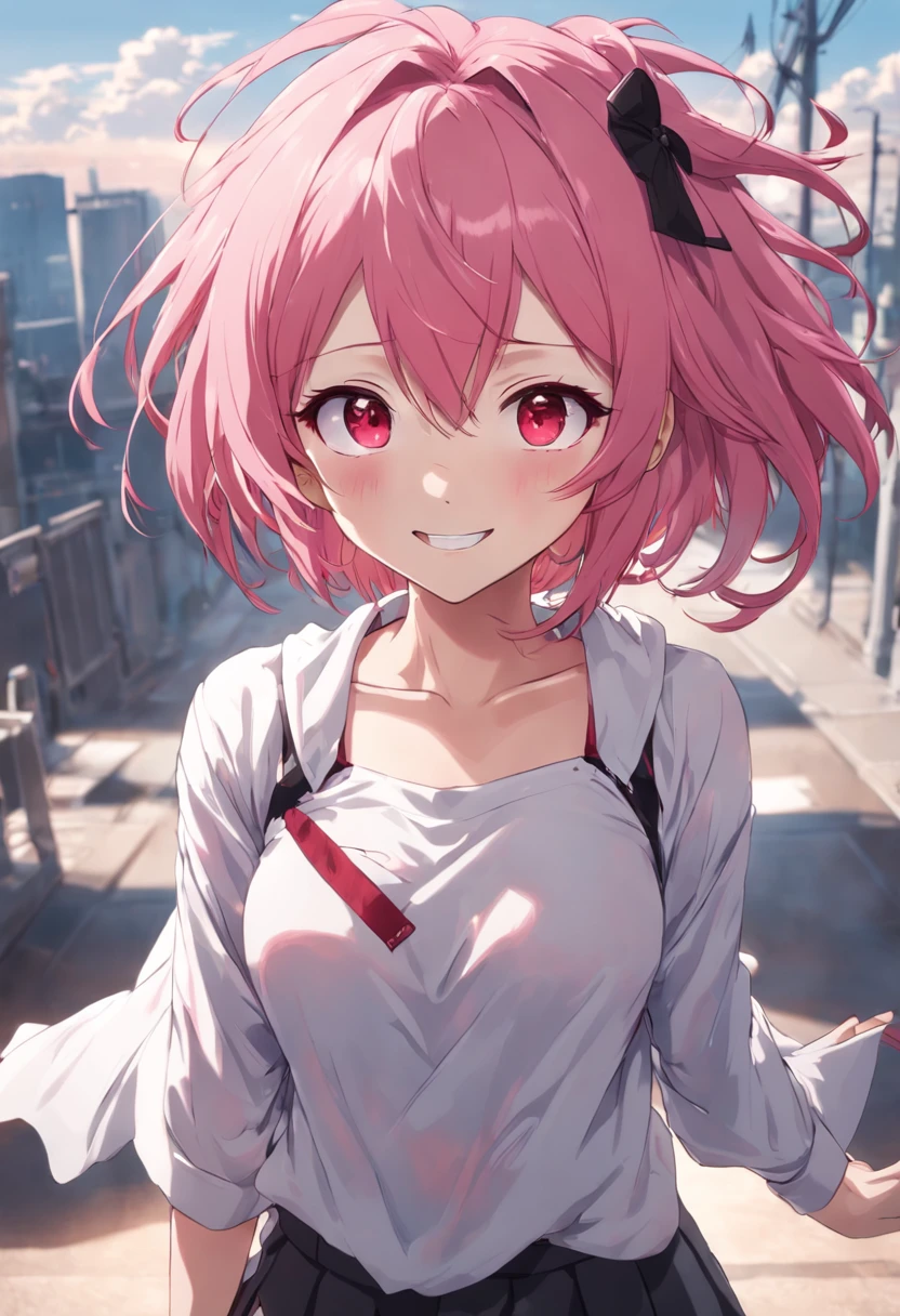 anime girl smiling, pink hair, messy hair, red eyes, cute face, girlfriend look, white top, black short skirt, sensual pose