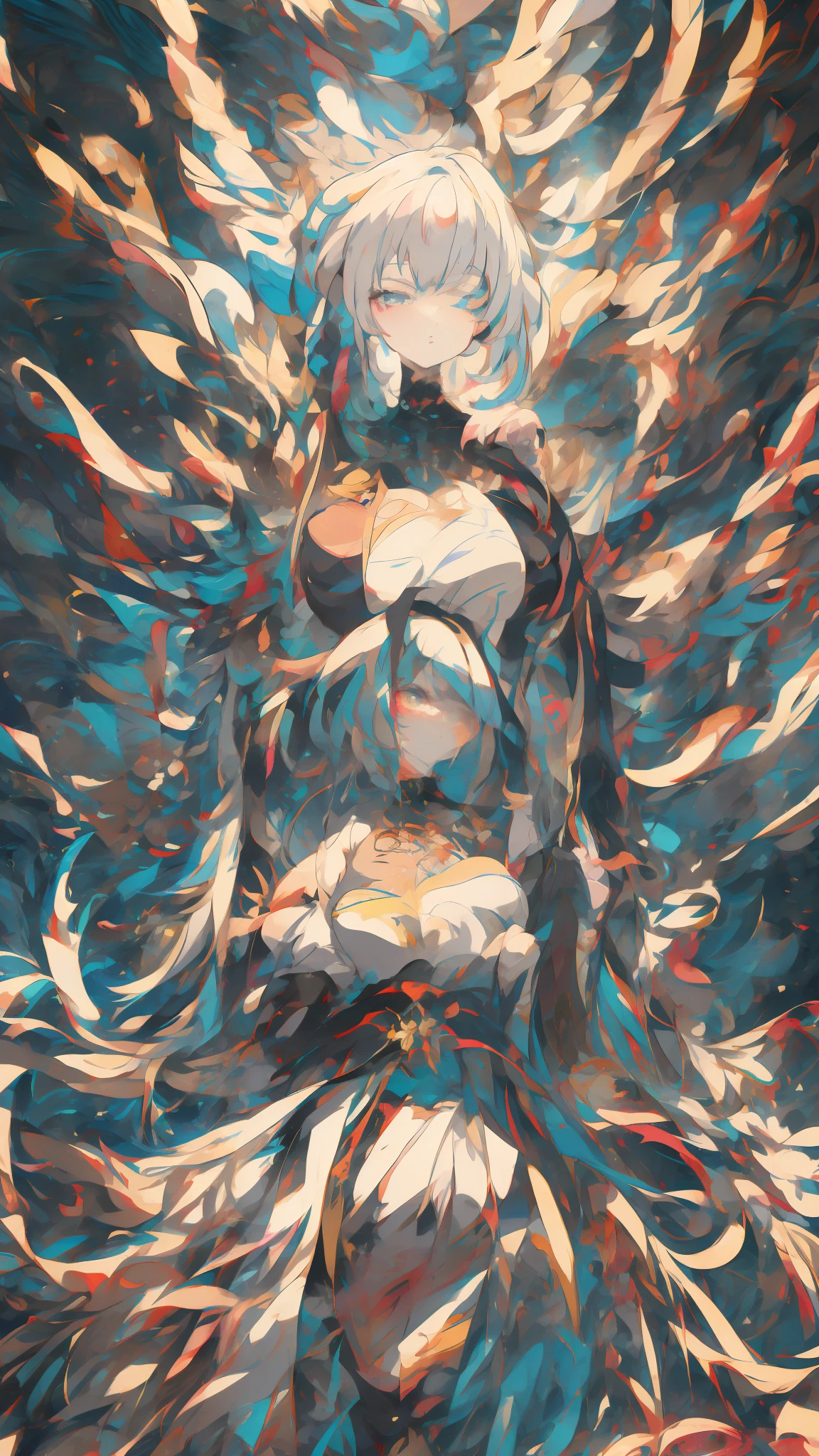 Anime art of a woman surrounded by leaves of many different colors, Detailed anime artwork, Detailed digital anime art, detailed anime art, anime abstract art, intricate digital painting, Beautiful anime artwork, clean and meticulous anime art, Anime artwork, advanced digital anime art, Digital anime art, Beautiful anime art, high definition anime art, trending anime artwork, Digital painting | Intricate