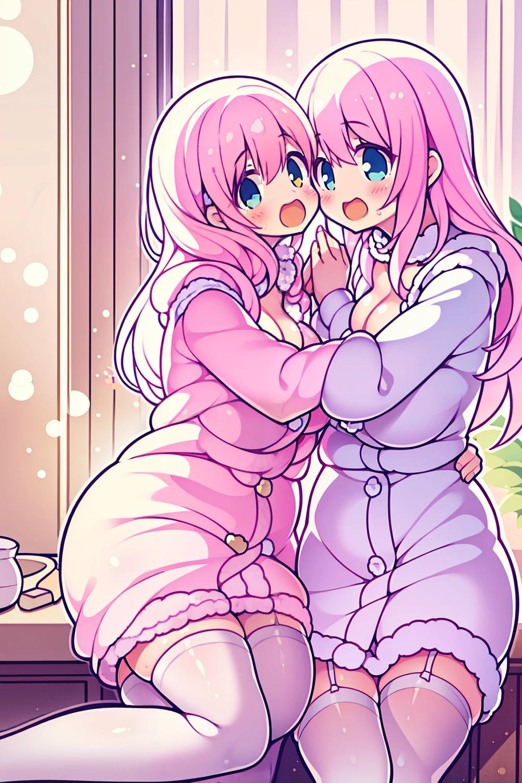 2girls,girl1:adolable,A pink-haired,Long whit hair,white stockings,robe blanche,Girl 2:adolable,A pink-haired,Long whit hair,white stockings,robe blanche。Kisses and hugs