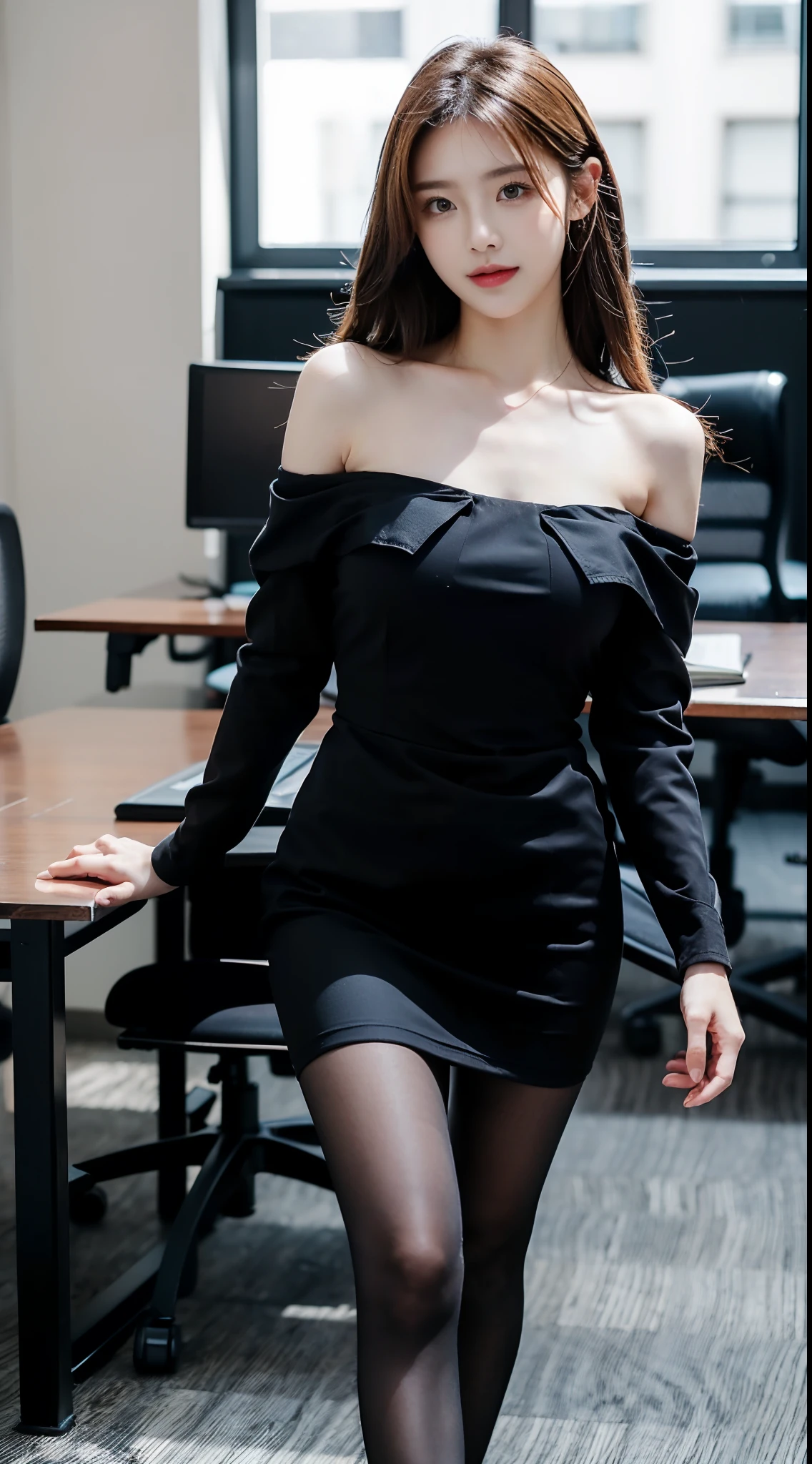 best qualtiy, Full body like,Refined face,pretty face,25 years old woman,slimfigure,Smaller bust,office lady uniform,Office wear,black lence stockings,(Castle background:1.3)