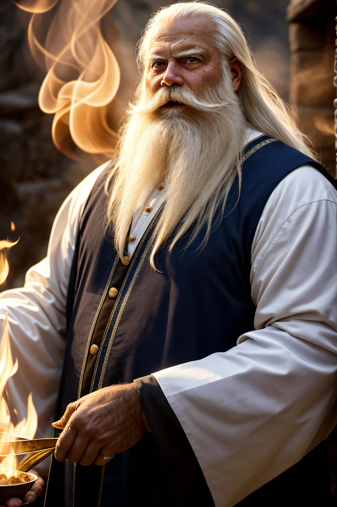 1 man,prophet, robe, old, long white beard, long white hair, wind, magic, fire, smoke, dust
(highest quality: 1.3), cinematic photo, masterpiece, (sharp focus: 1.5), (photorealistic: 1.3), detailed background, dark lighting, twilight lighting,
style, volumetric lighting, intricate details, UHD, film grains,