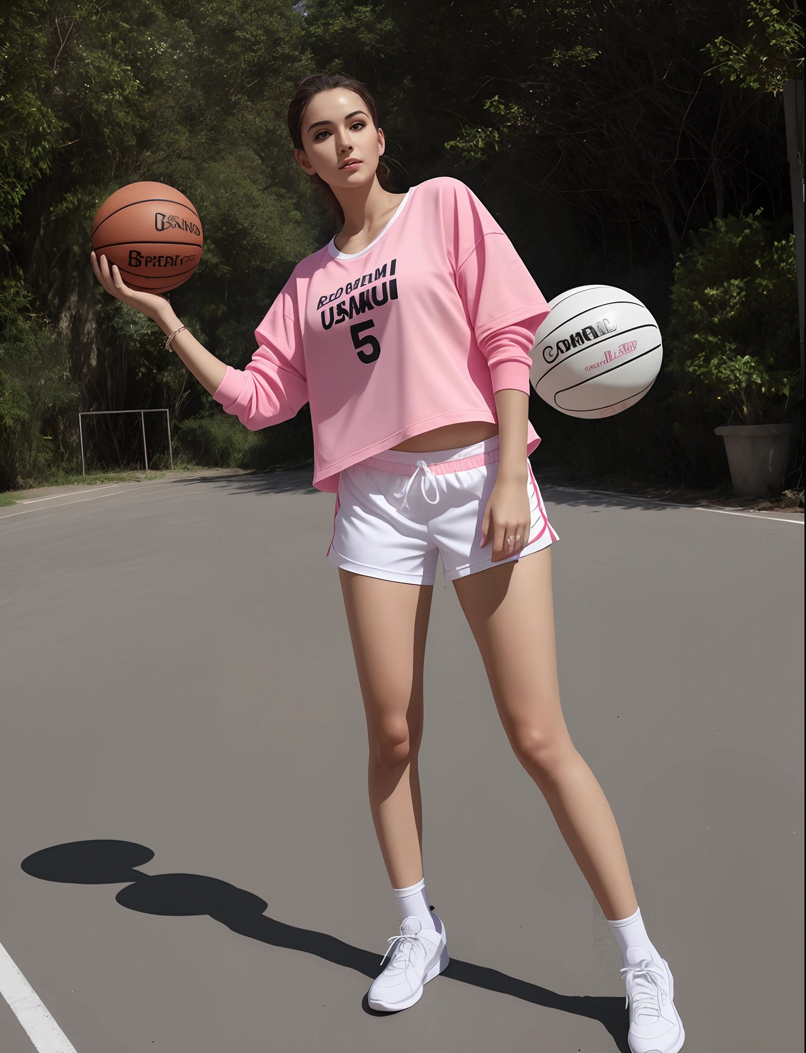 Beautiful woman in pink shirt and white shorts holding a basketball, Desportivo, jogar basquetebol, bra and shorts streetwear, de bermuda, vestido com um top e shorts, usando um capuz rosa pastel, vestindo camisa de basquete, wearing a volleyball jersey, Dunking, basquete, Menina sexy usando shorts, roupas esportivas fofas, roupas cor-de-rosa, trending dribble, usando um capuz rosa