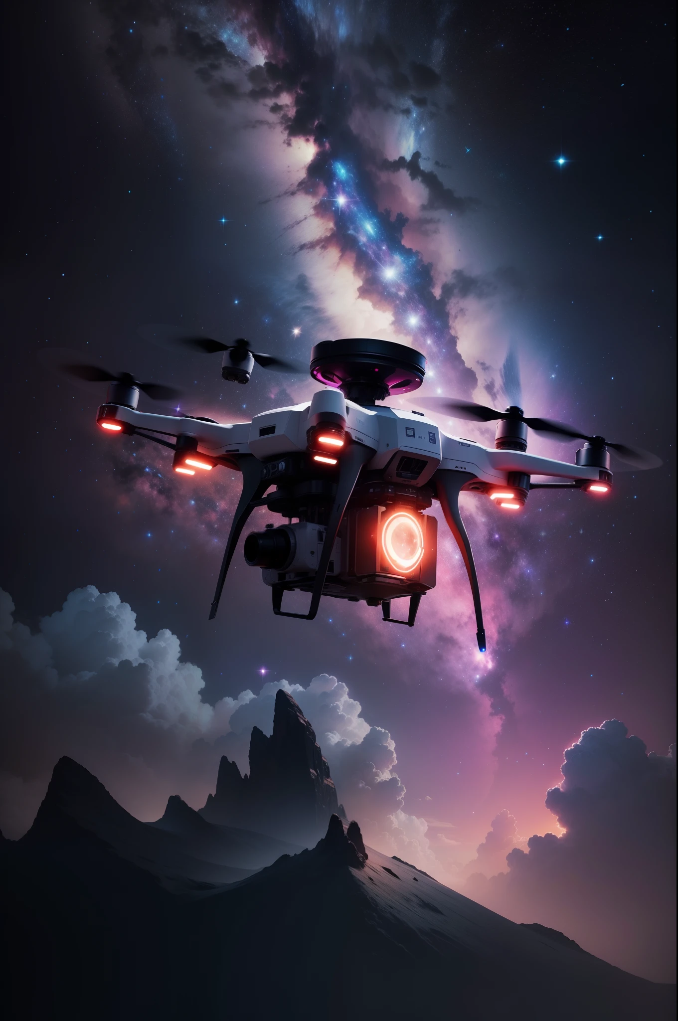 A majestic drone soars through the contrast of the galaxy illuminated by pleasant starlight