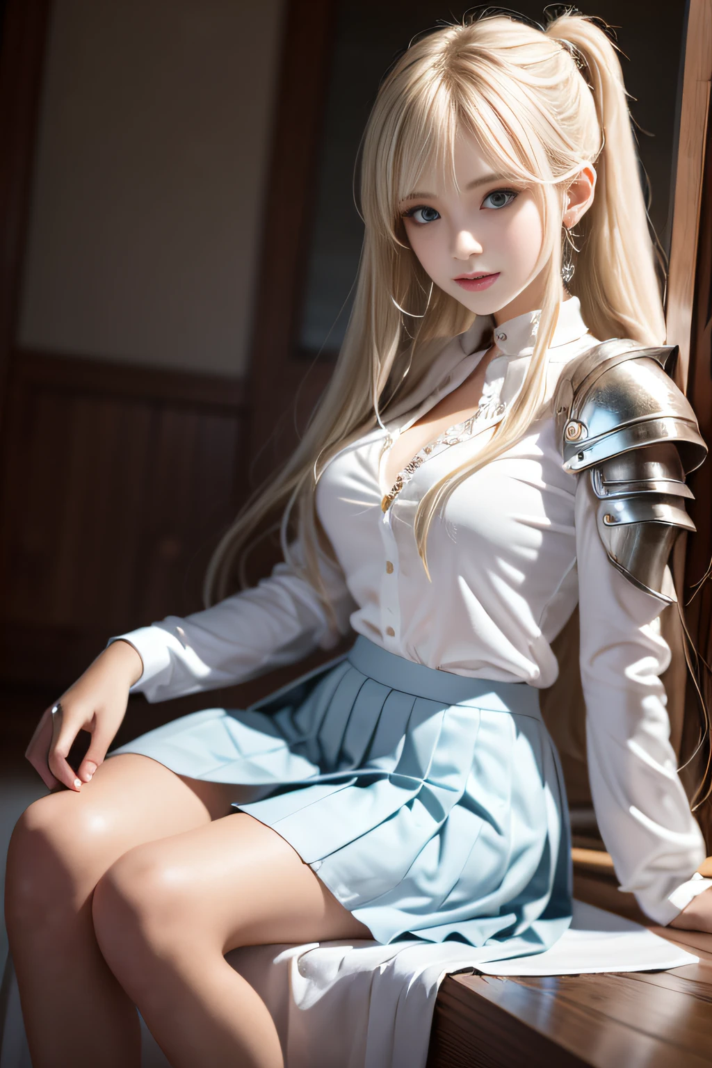 bright expression、poneyTail、Young shiny shiny white shiny skin、Best Looks、Blonde reflected light、Platinum blonde hair with dazzling highlights、shiny light hair,、Super long silky straight hair、Beautiful bangs that shine、Glowing crystal clear attractive big blue eyes、Very beautiful nice cute 16 year old girl、Lush bust,Beautiful detailed eyes, beautiful detailed nose,(( Full body:1.25)),Makeup that the eyes emphasize、((Pleated skirt with many folds)),(Women like Joan of Arc)、s Armor、Knights, With a sword and shield,Royal style,Comic style, , Sub-surface scattering, ornate detail, nature backdrop, Hyper-realistic, Cinematic, Dramatic Lighting, masutepiece