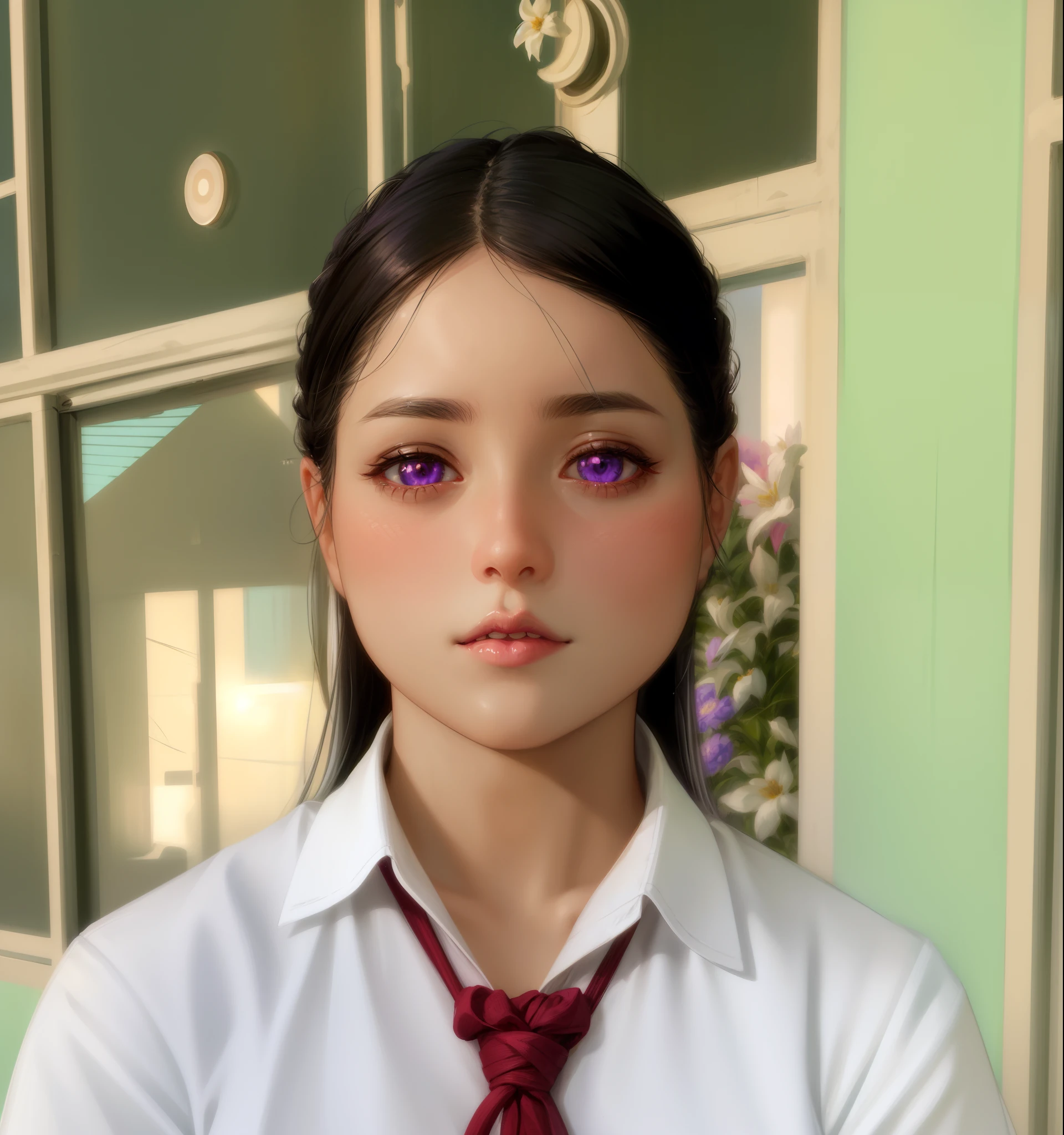 realistic, 1girl, white hair, purple eyes, glowing eyes, crop top, skirt, parted lips, blush, night, flowers, sun, sunlight,