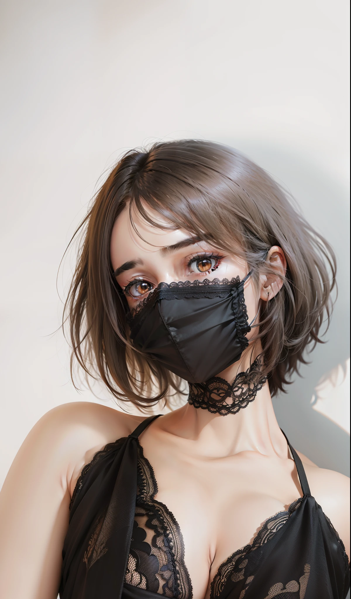 Lots of detail,Super perfect,Professional lighting,white backgrounid,The skin texture is visible,Bright eyes,Super real,Lace mask,Lace clothes,Bigchest,White skin and beautiful appearance,Perfect hair details,8K high-definition,Photo-real,Hair is longer,hyper HD,Bright brown pupils,Background shadow details,no headwear,Sexy collarbone detailing