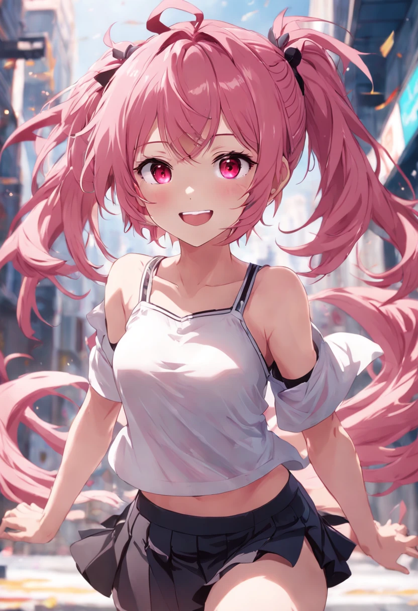 anime girl smiling, pink hair, messy hair, red eyes, cute face, girlfriend look, white top, black short skirt, sensual pose, young adult
