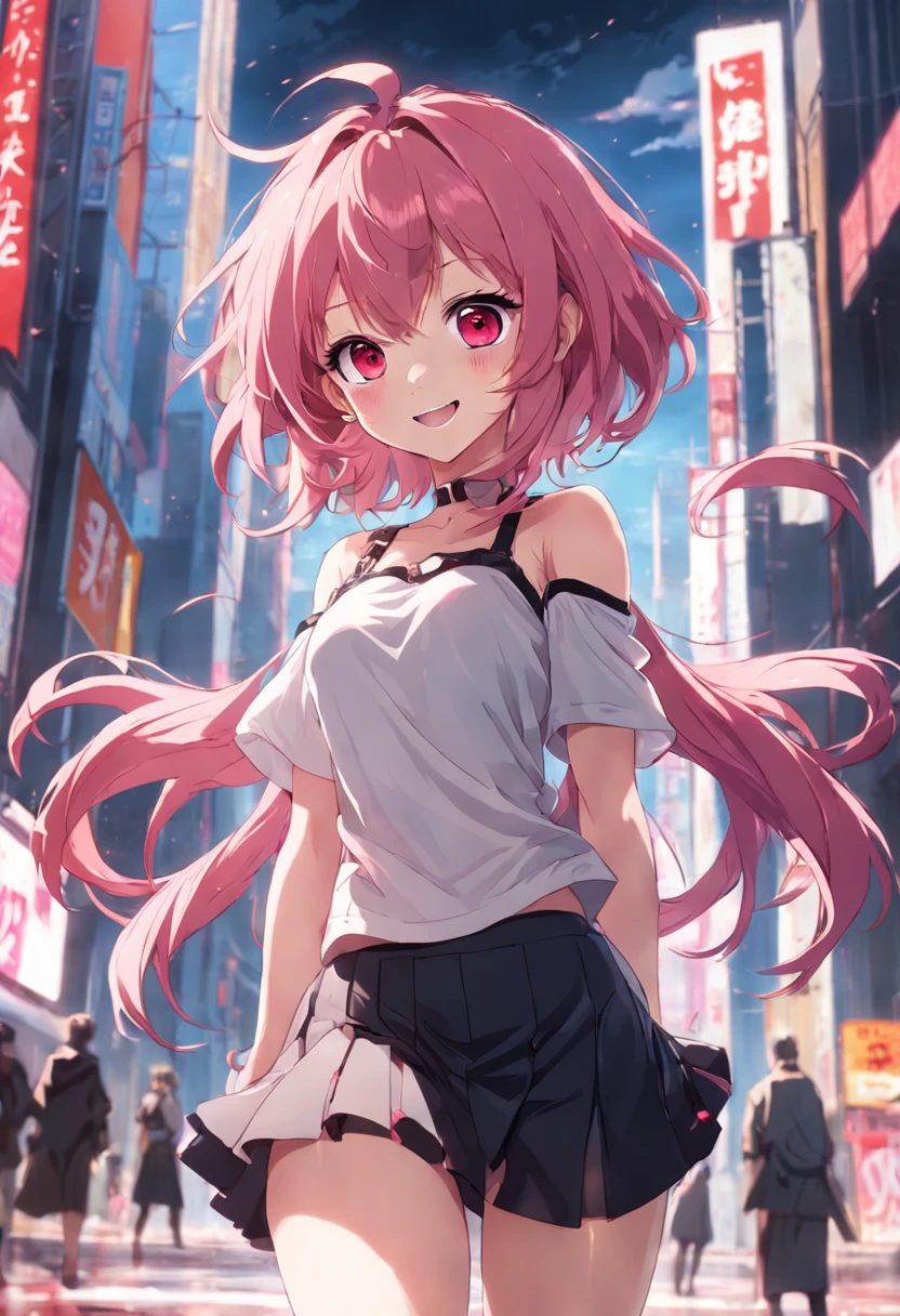 anime girl smiling, pink hair, messy hair, red eyes, cute face, girlfriend look, white top, black short skirt, sensual pose