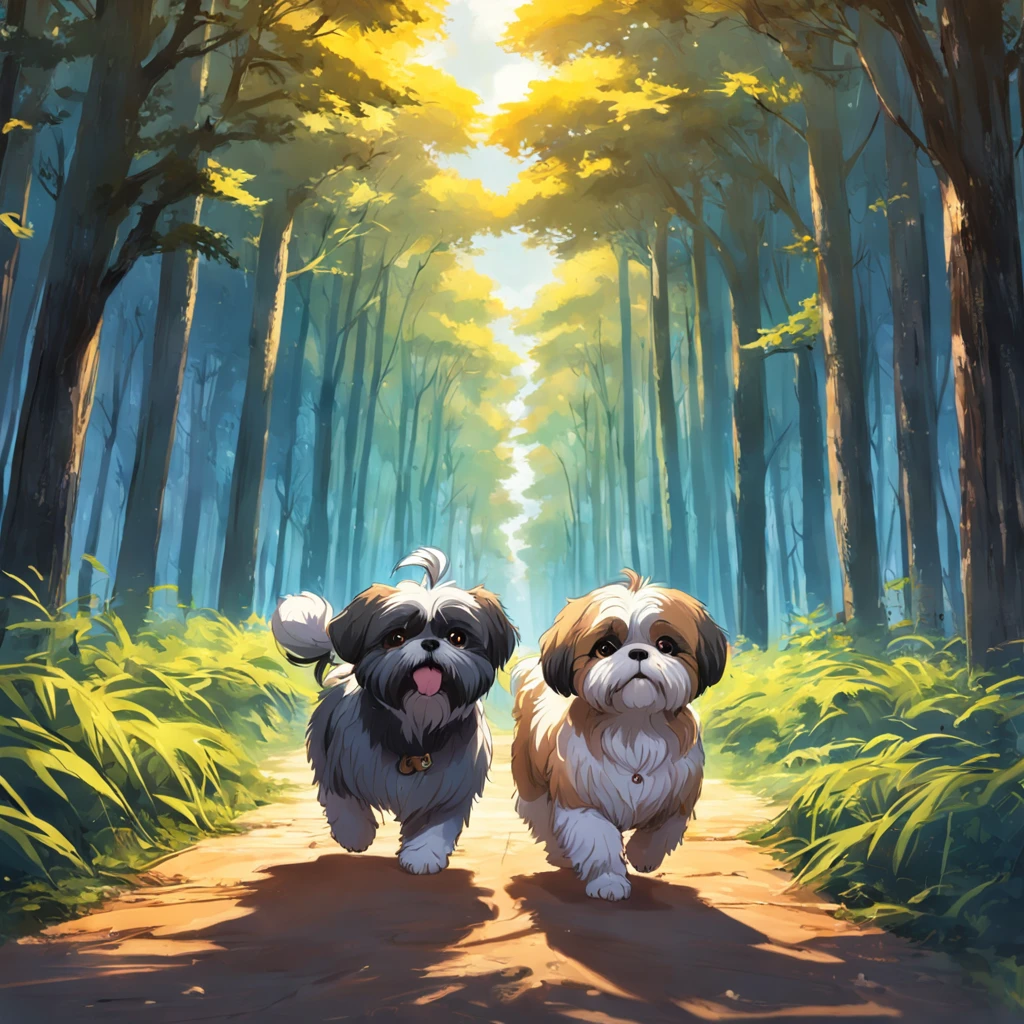 tutor e sua shih tzu passeando no bosque
