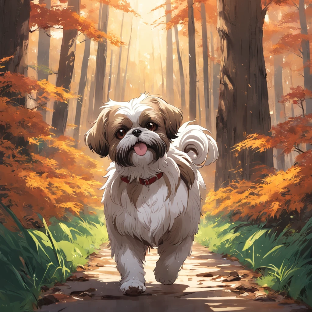 tutor e sua shih tzu passeando no bosque