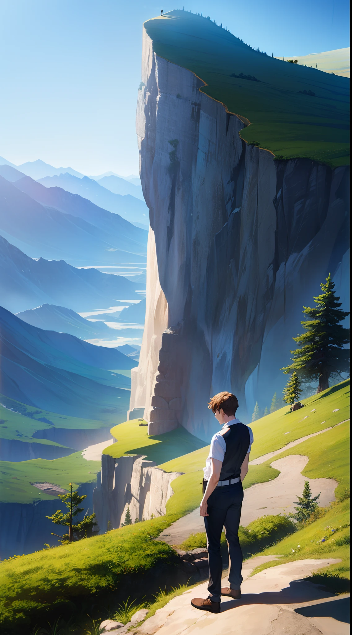 Granulado, obra-prima extremamente detalhada, High-quality depiction of a man standing on a cliff in front of a majestic mountain, lua roxo
