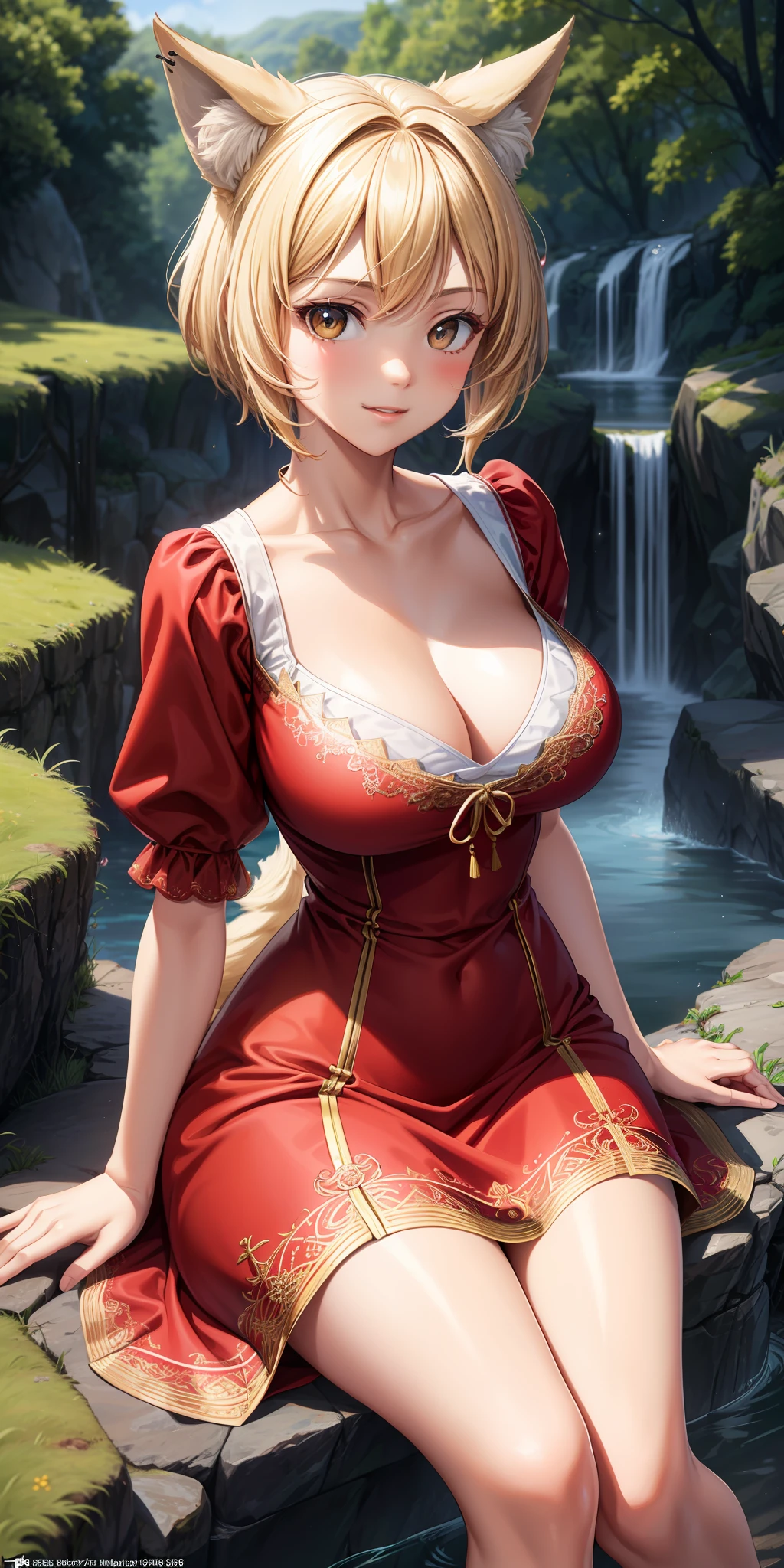 Big breasts, 1girl, ((short blonde hair)) ((wolf girl)) light brown eyes, has an extremely perfect body, with full breasts and a thin waist, and an extremely perfect body, ((((dress fulfilled most of the body)))) medieval scarlet red long embroidered lace peasant dress, has a bold appearance. young, quality, realistic, best quality, cute expression, shy smile, sitting, near a water source