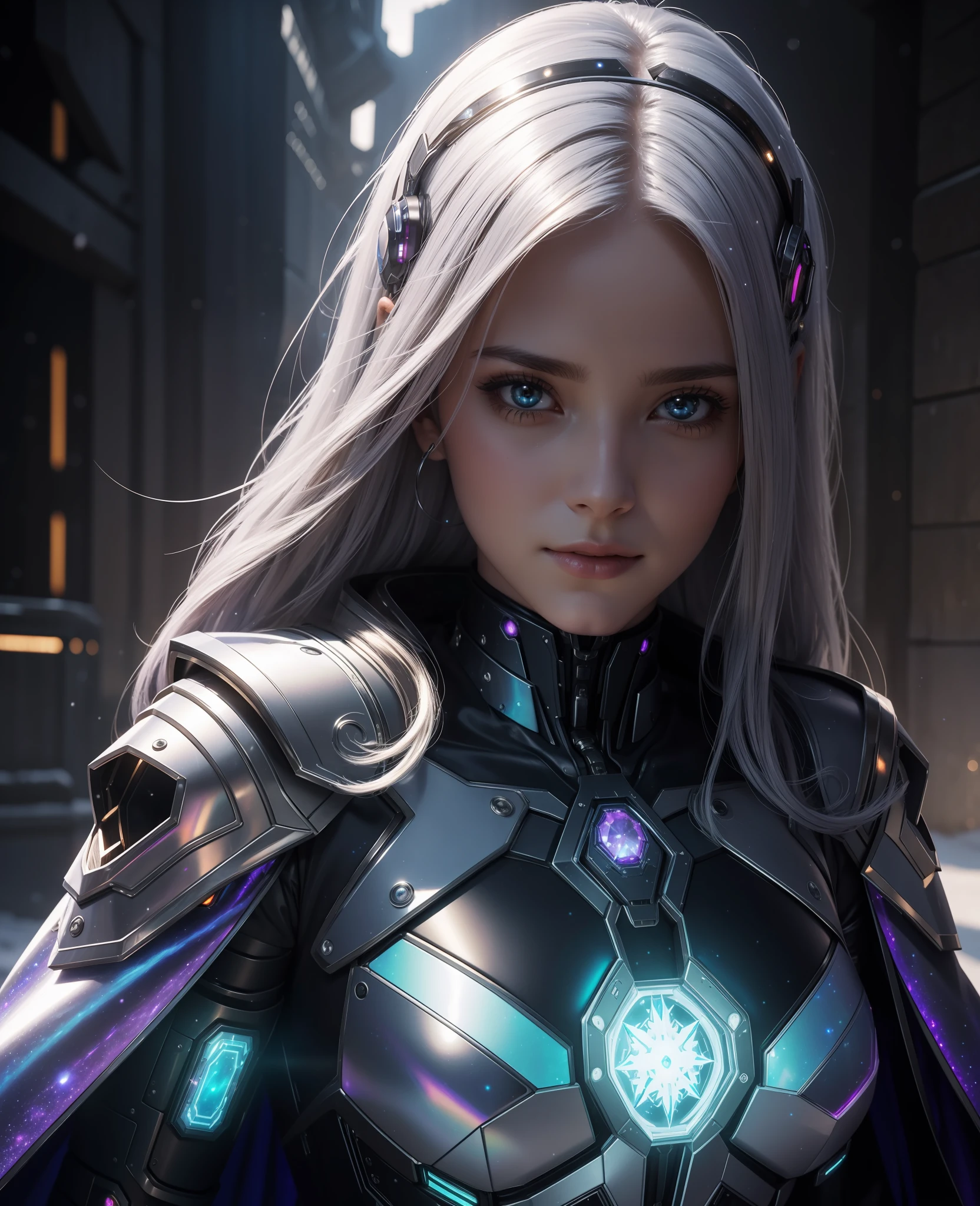 masterpiece,best quality,(photorealistic:1.4),(ultra detailed:1.3), mecha Female Arcane Technomancer: A skilled spellcaster with cybernetic implants that amplify magical prowess, combined with a neural interface for hacking into arcane networks.,Glittering Galaxy Bodysuit,Snow White Cloak with Iridescent Snowflakes: Iridescent snowflakes adorn the cape, glistening with a soft glow.